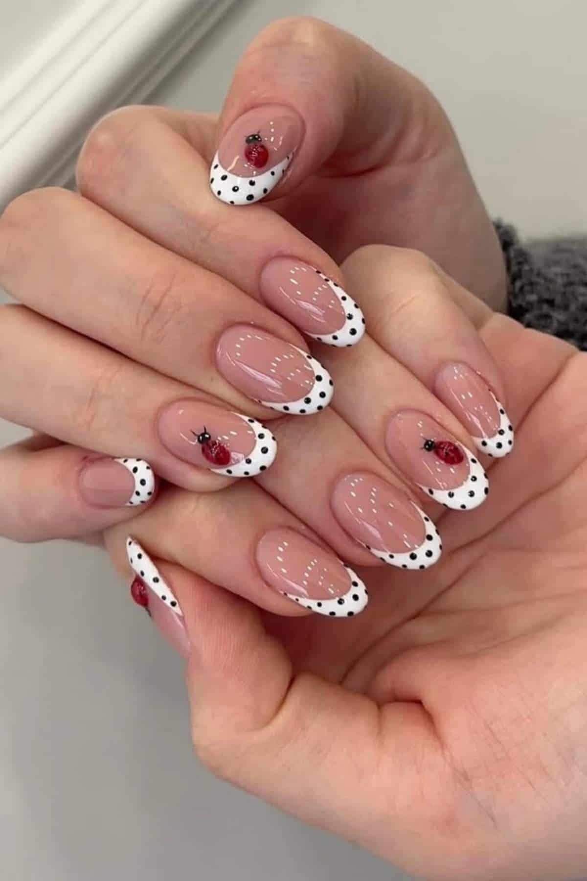 Hands with manicured nails featuring white French tips with black polka dots and small red ladybug designs on a nude base.