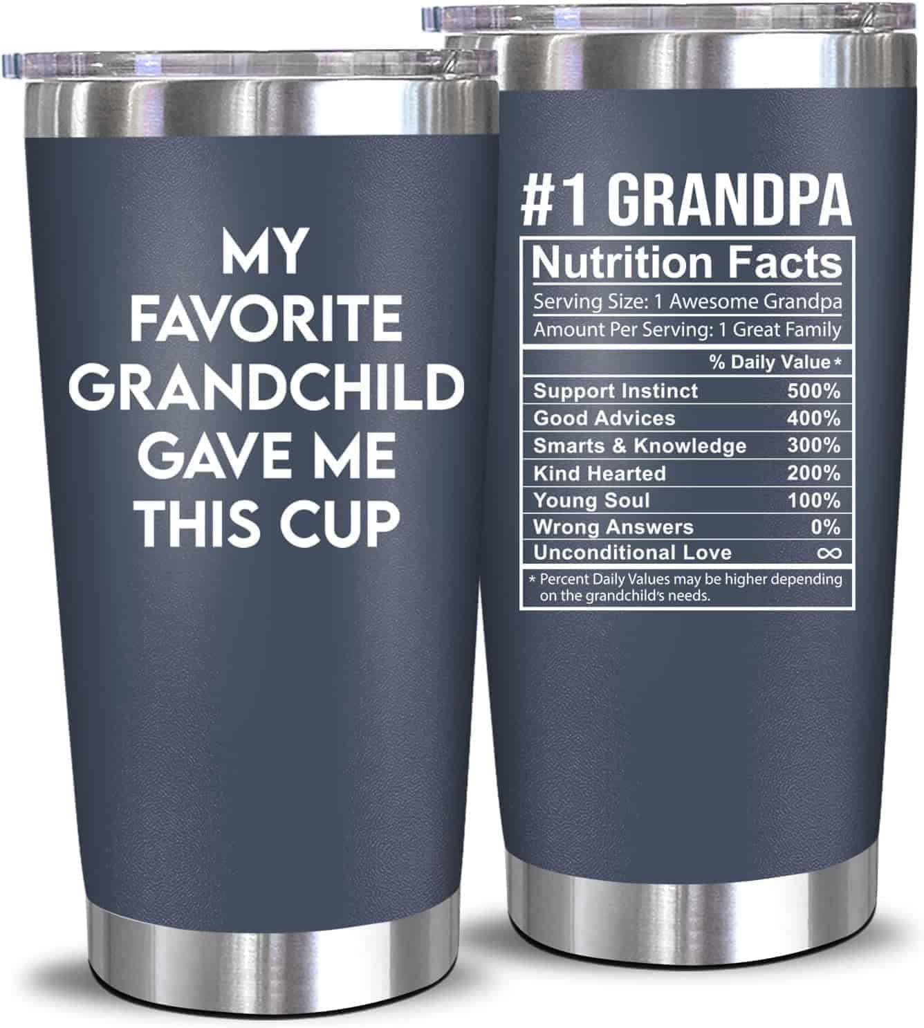 Two blue travel tumblers; one reads "My favorite grandchild gave me this cup," the other lists joke "nutrition facts" about being the "#1 Grandpa.