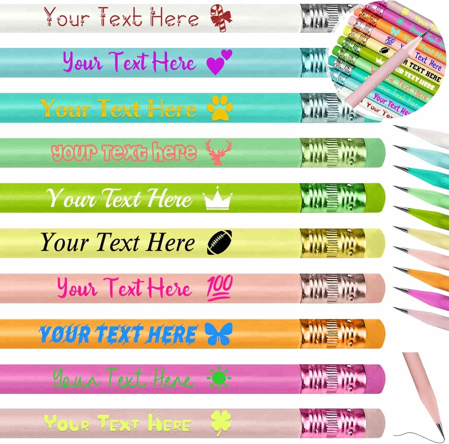 A set of colorful pencils with customizable text and various symbols printed on each, displayed both in a row and in a group with sharpened tips visible.