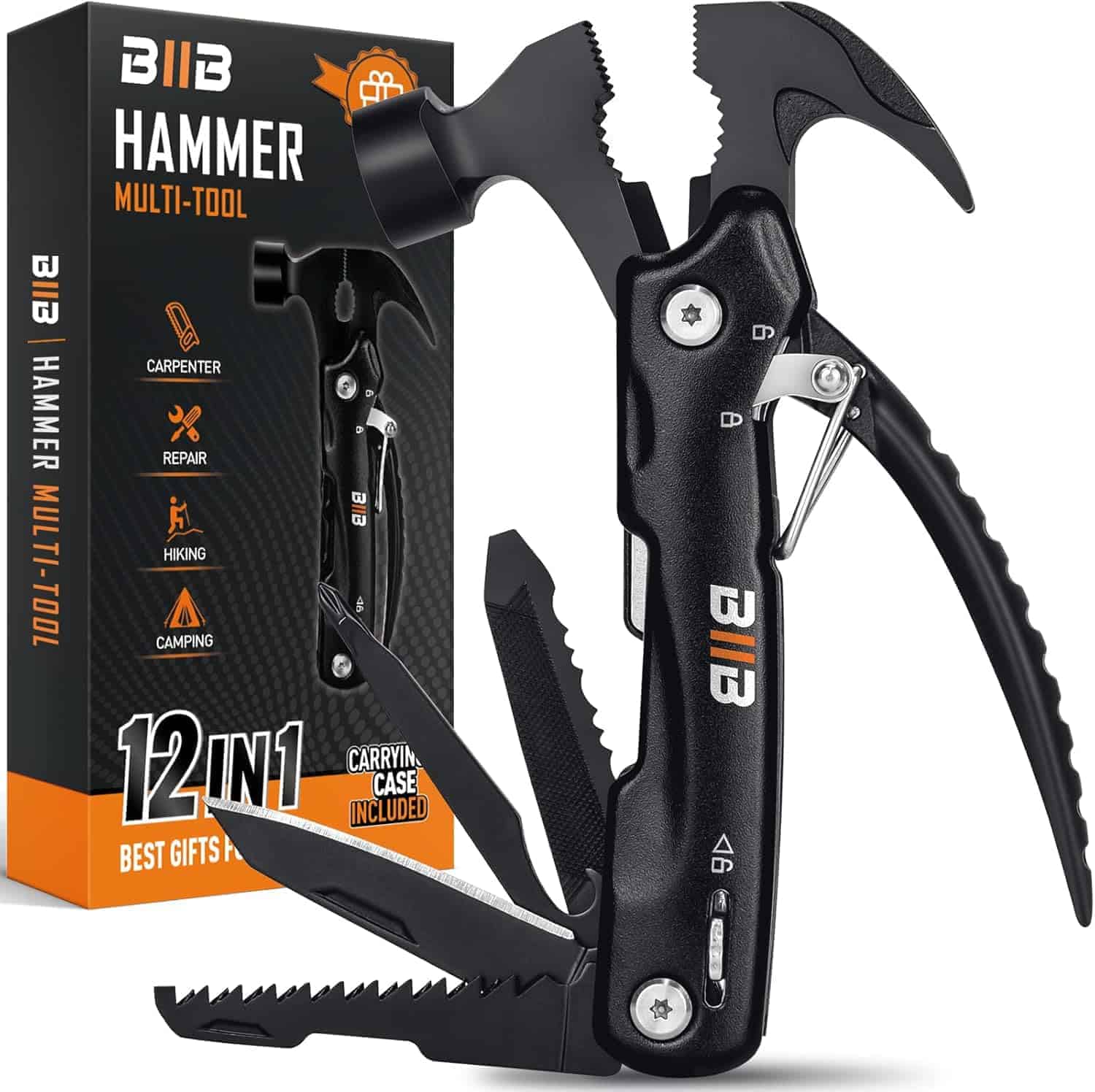 A black 12-in-1 hammer multi-tool with various fold-out tools is shown next to its packaging, which highlights its use for carpentry, repair, hiking, and camping.