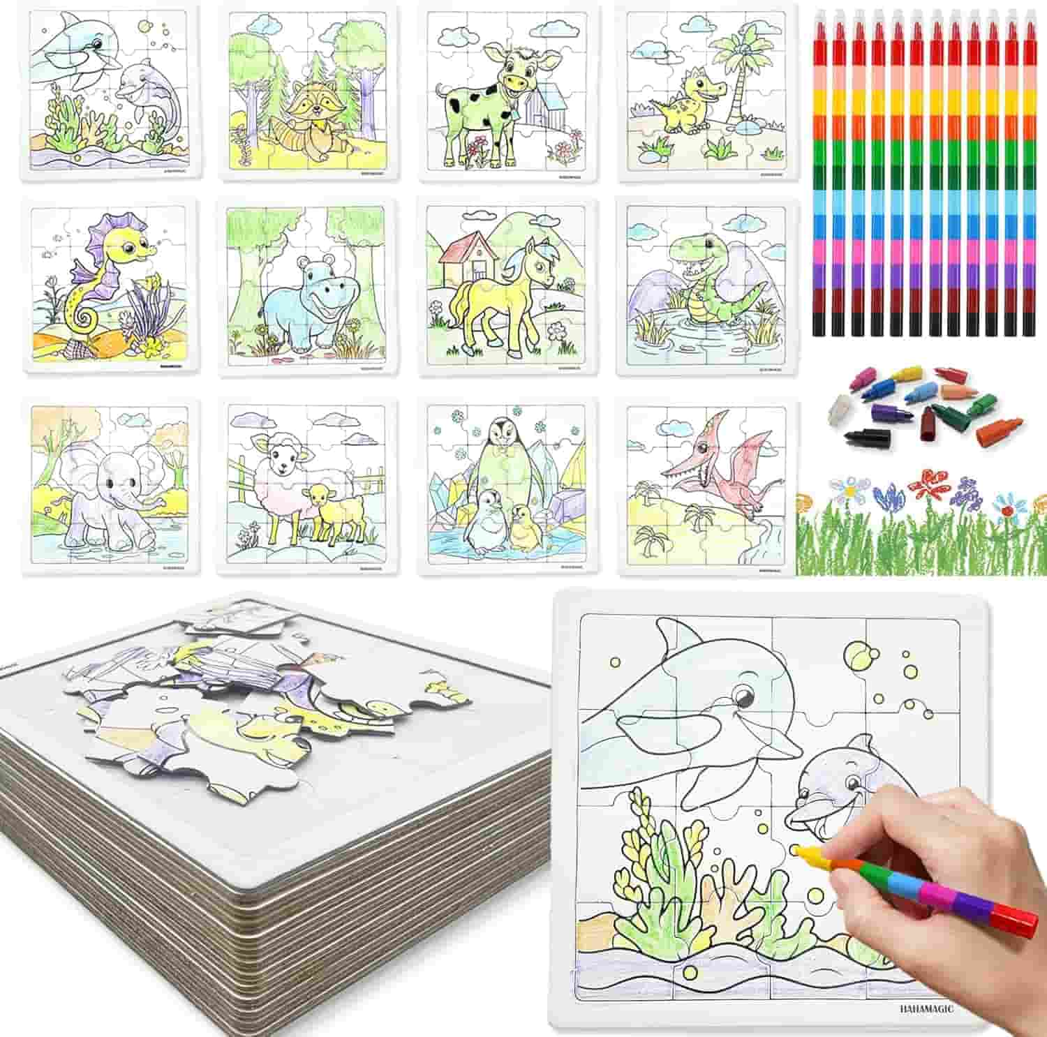 A set of animal-themed coloring pages with partially colored drawings, colored pencils, erasers, and a hand coloring a page with dolphins underwater.