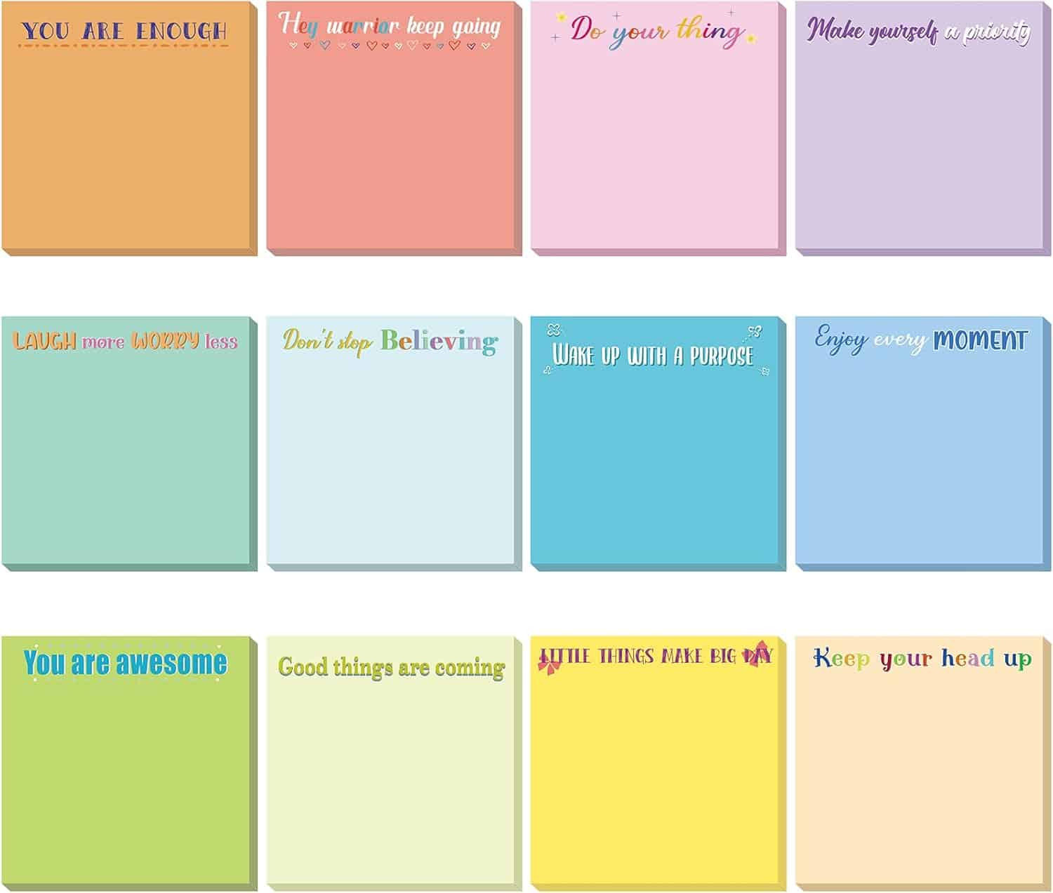 Twelve pastel-colored cards display motivational phrases such as "You are enough," "Keep your head up," and "Wake up with a purpose," each in a unique font.