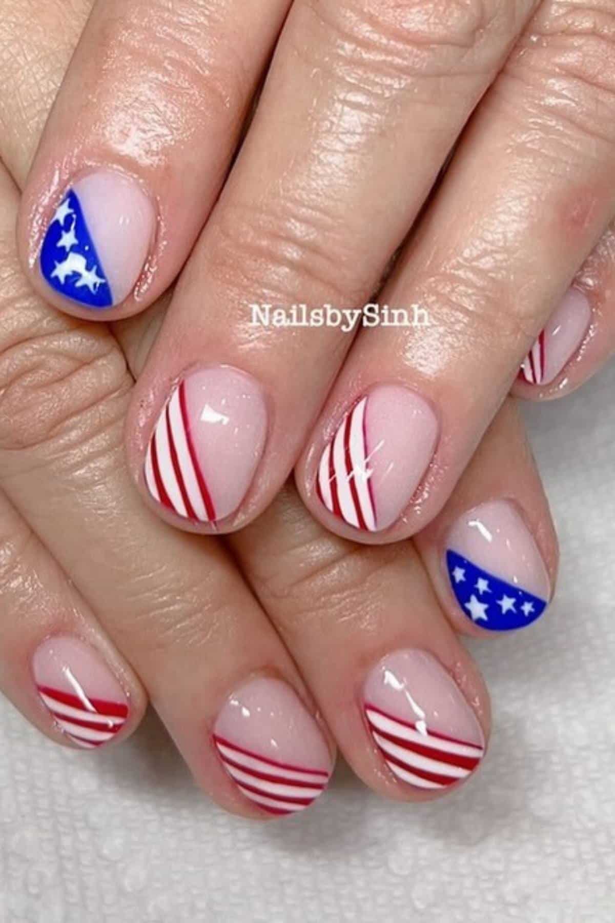 Close-up of hands with a manicure featuring red and white stripes and blue sections with white stars, resembling the American flag.