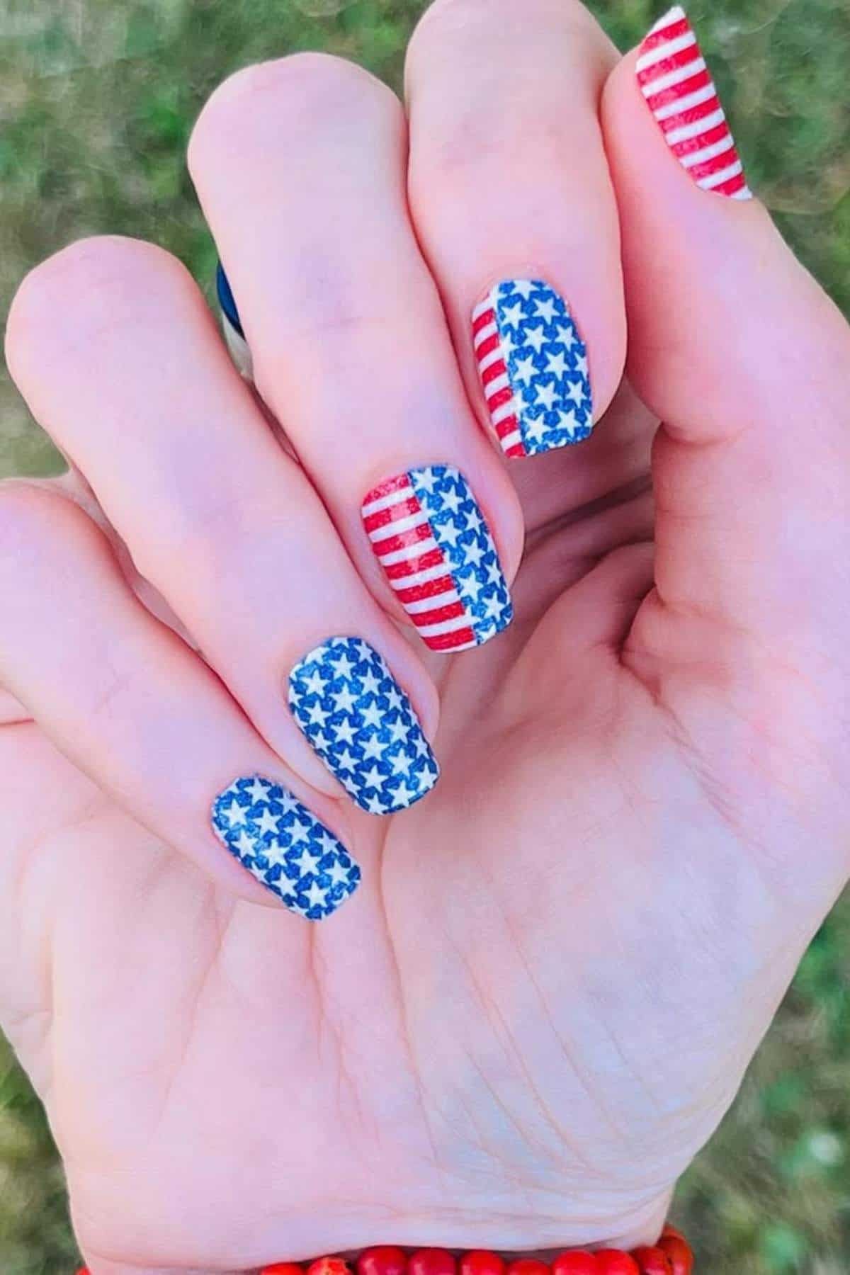 A hand with fingernails painted in a blue and white star pattern and red and white stripes, resembling the American flag.