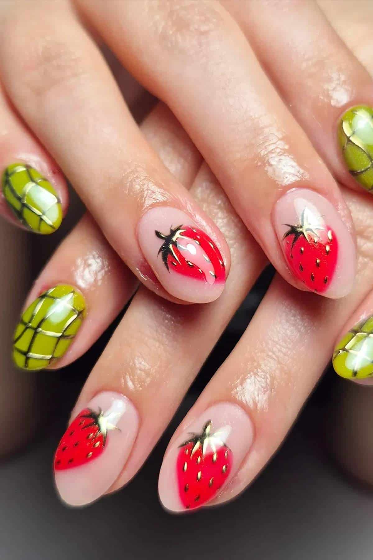 Close-up of hands with fingernails painted with strawberry and green grid designs, resembling strawberries and a fruit pattern.