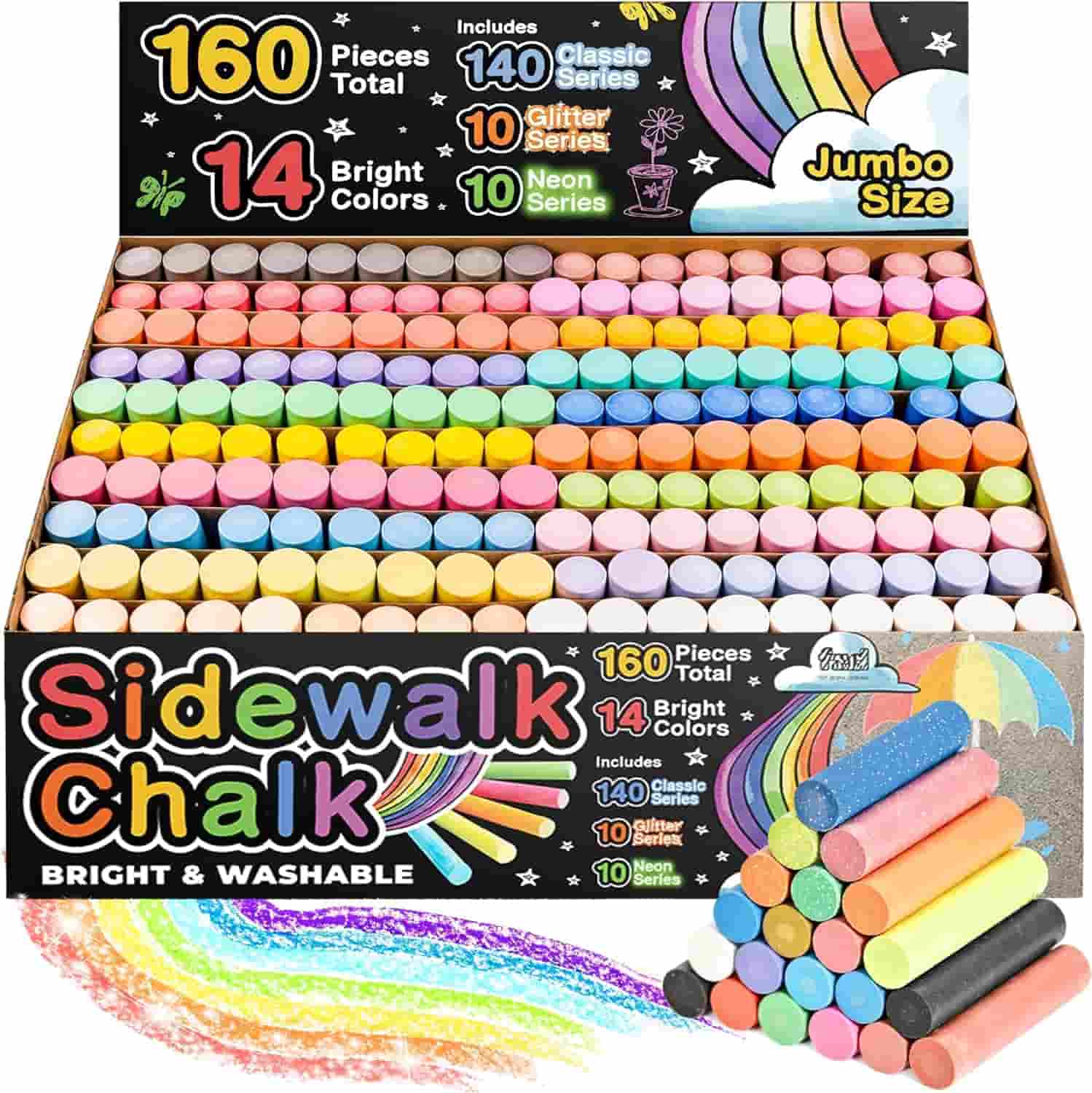 A jumbo box of 160 sidewalk chalk sticks in assorted colors, including classic, glitter, and neon series, labeled as bright and washable.
