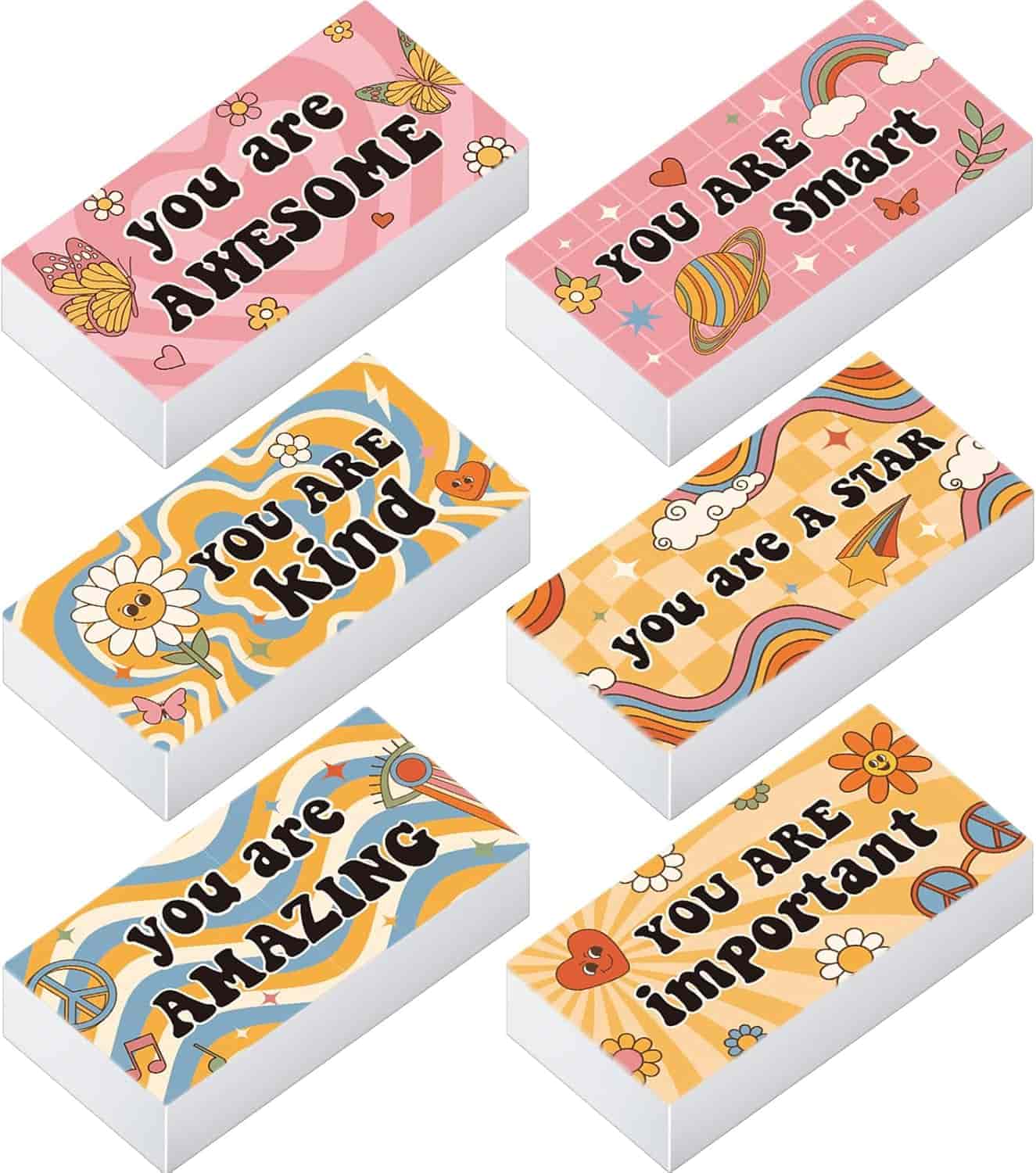 Six rectangular erasers with colorful designs and positive messages: "You are awesome," "You are smart," "You are kind," "You are a star," "You are amazing," "You are important.