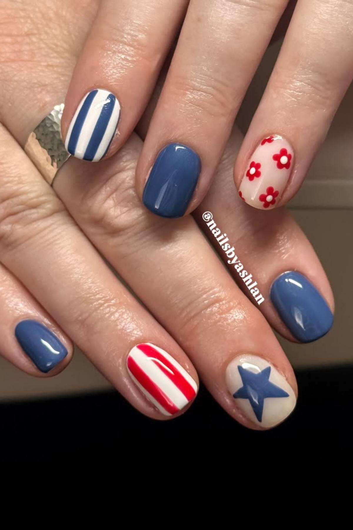 Fingernails painted with a patriotic theme: blue, white, and red stripes, a blue star, blue nails, and small red flowers on a white base.