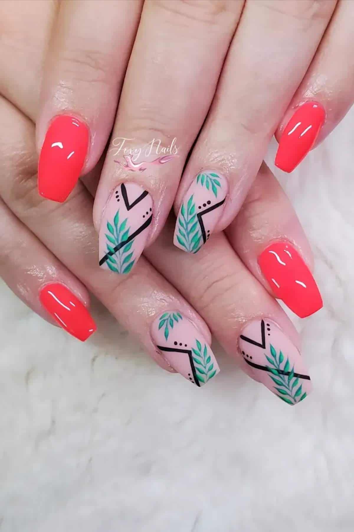 Hands with square-shaped nails; thumb, index, and pinky nails are painted bright coral, while middle and ring nails have geometric and leaf designs in black and green on a nude base.