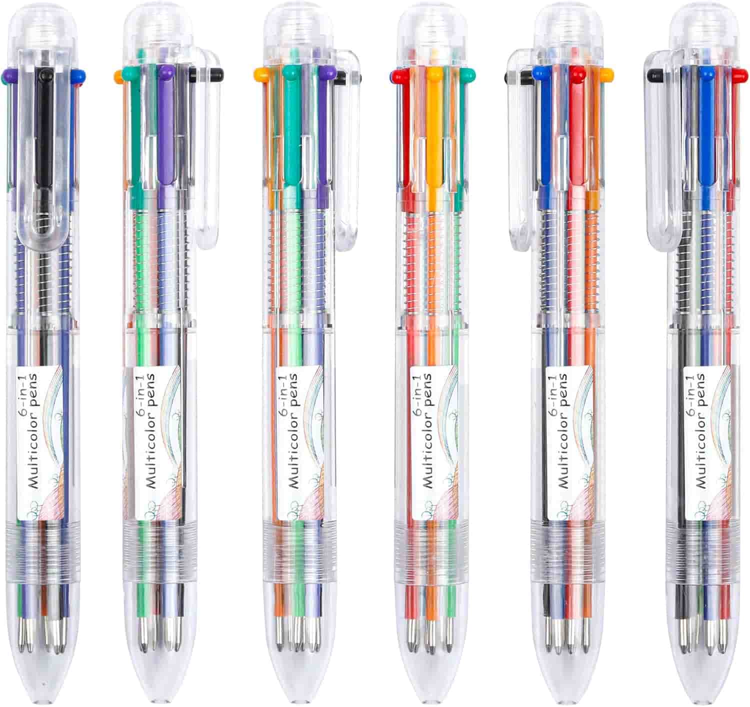 Six clear plastic multicolor pens, each containing six color options, arranged upright in a row against a white background.