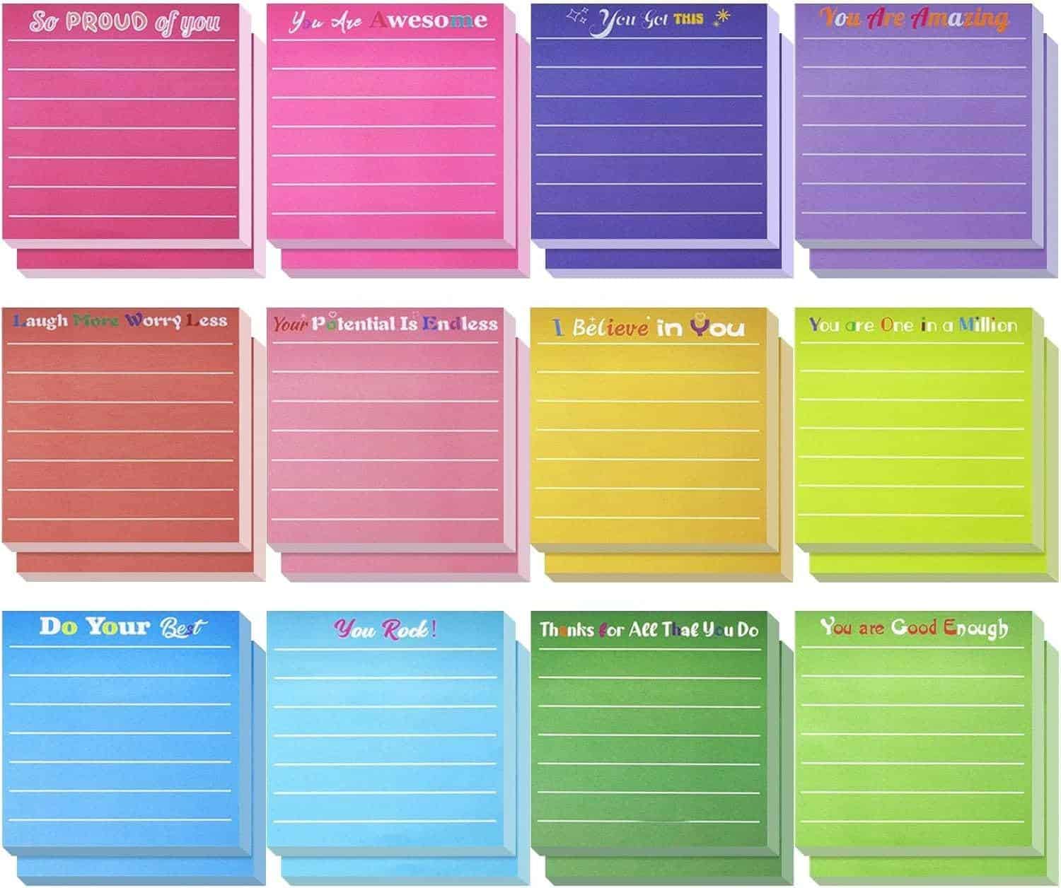 Fourteen colorful sticky note pads, each with a motivational message at the top, arranged in two rows. Pads are in shades of pink, purple, orange, yellow, green, and blue.