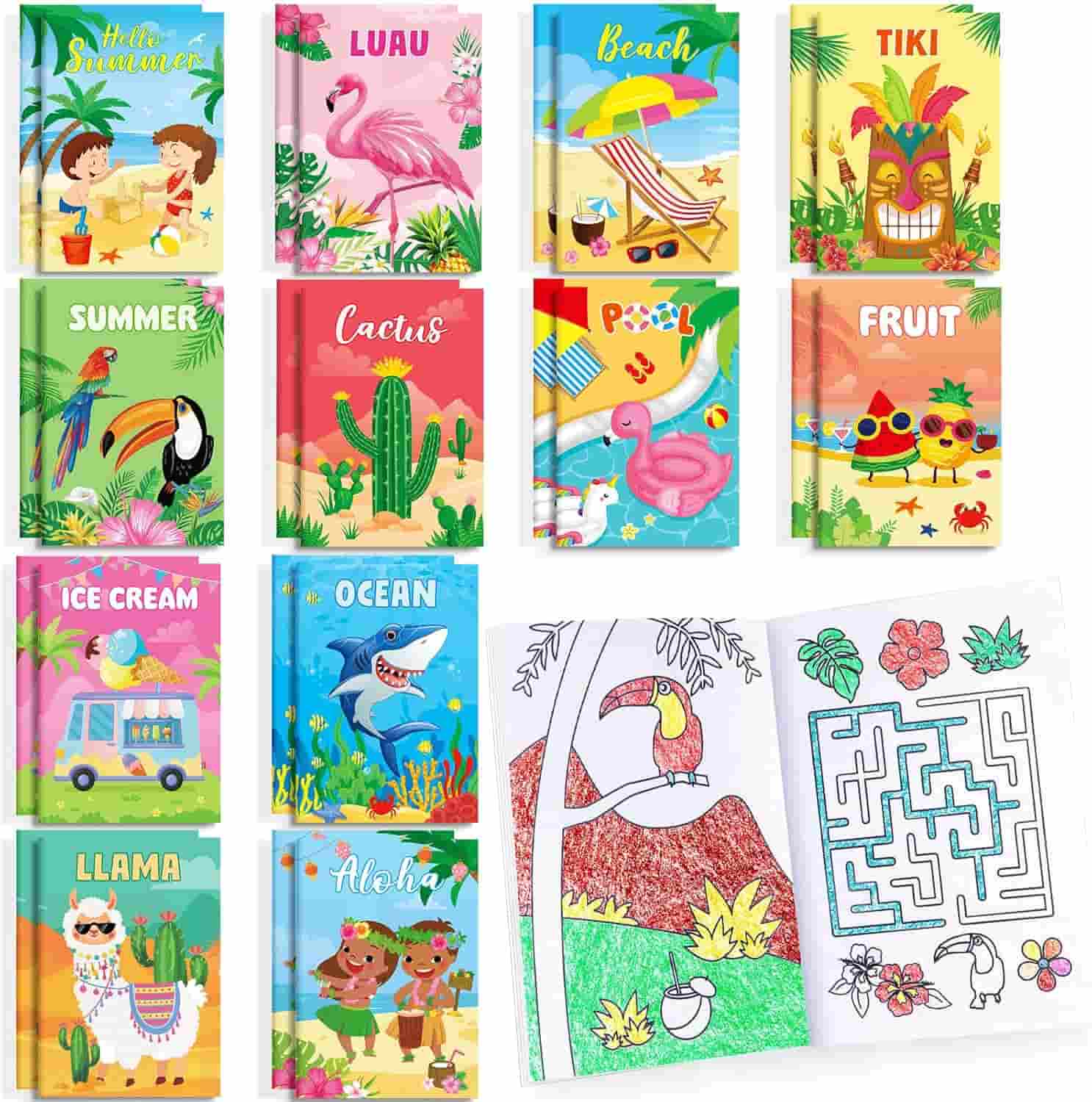 Twelve colorful notebooks with summer-themed covers are shown, along with an open coloring book displaying a tropical bird scene and a page with a maze and drawings of flowers.