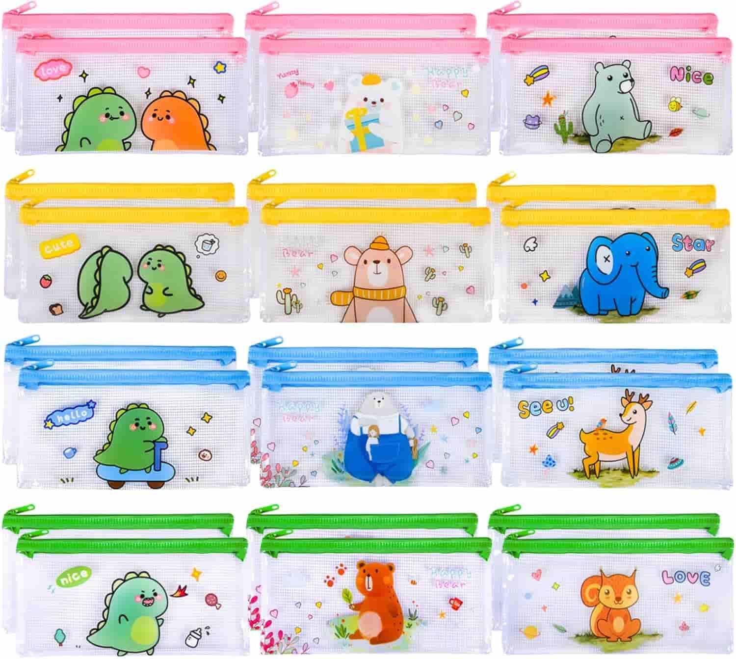 A set of twelve transparent zippered pouches, each with colorful animal illustrations and different colored zippers in pink, yellow, and blue.
