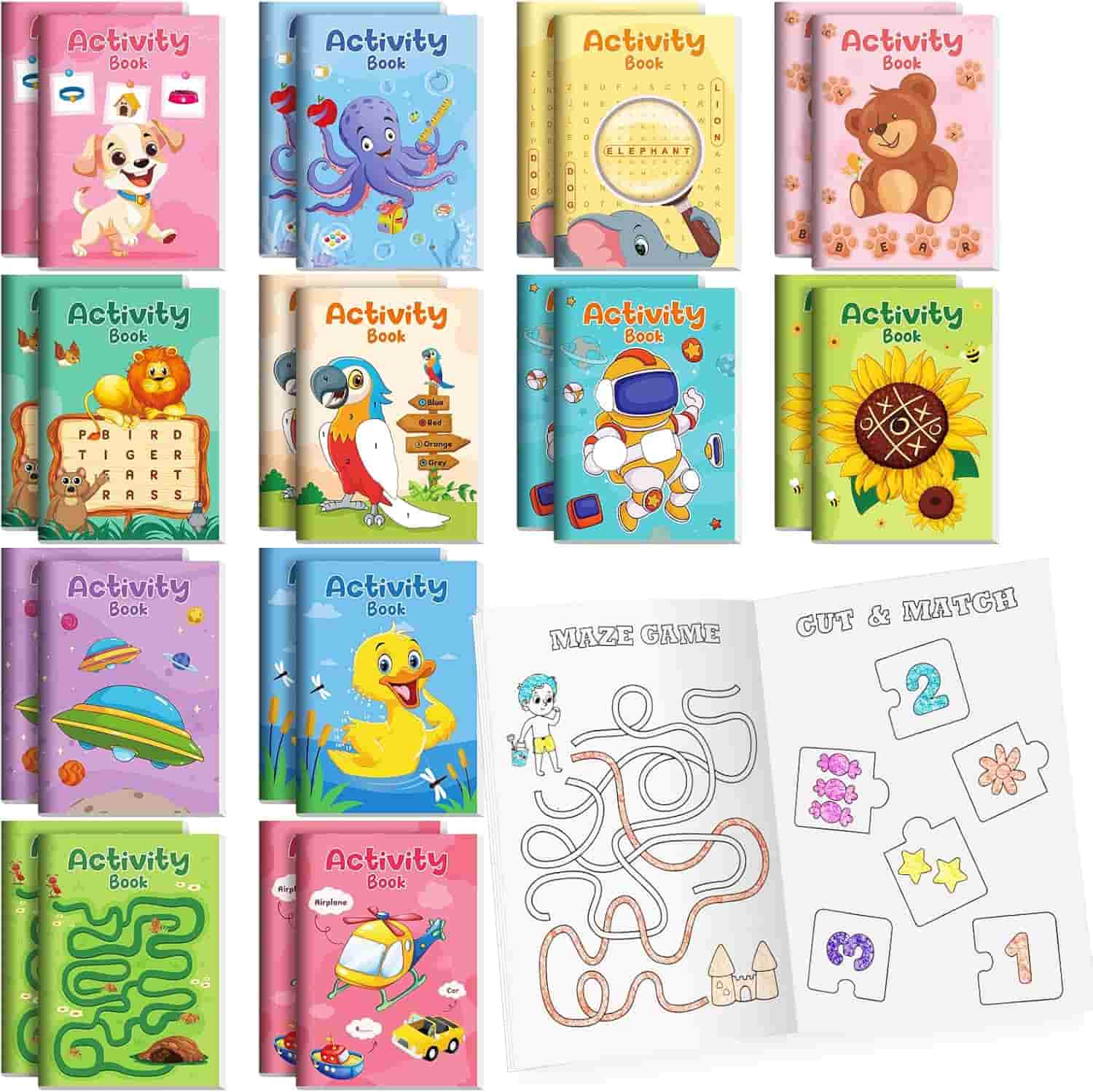 A collection of colorful children's activity books with various animal and object themes, shown alongside an open book displaying a maze game and cut and match puzzle.
