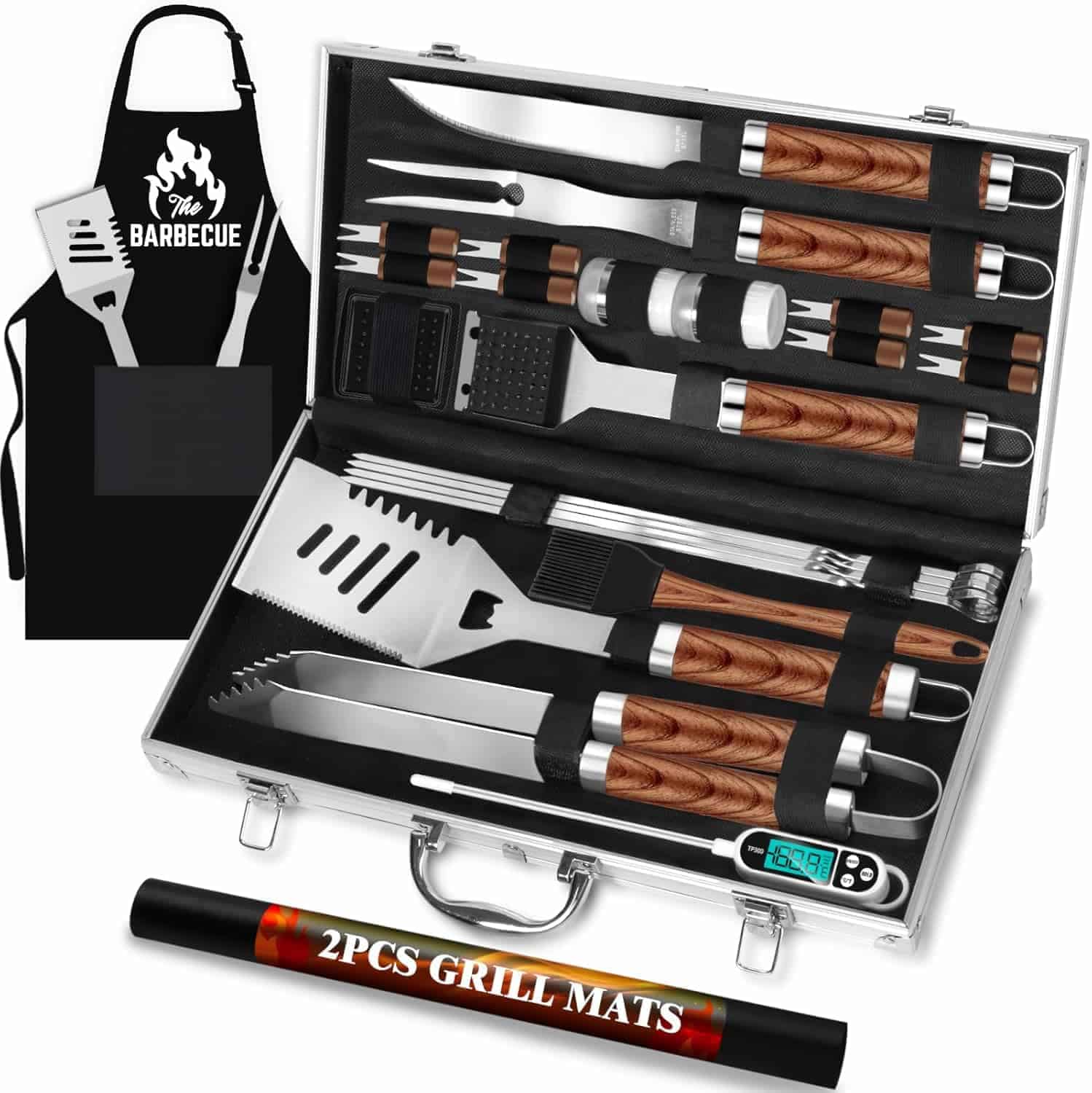 A barbecue tool set with wooden handles in a metal case, an apron, a digital thermometer, and two grill mats labeled "2PCS GRILL MATS.