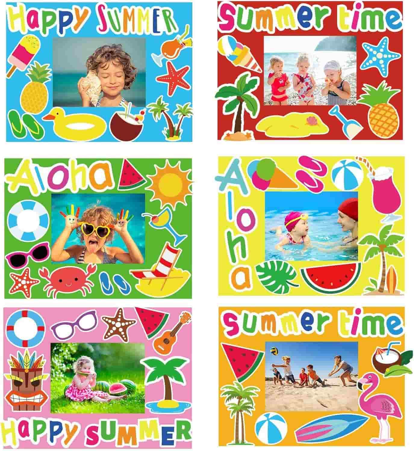A collage of six colorful, summer-themed photo frames featuring children, beach scenes, and illustrations of fruit, sunglasses, and beach items with text like "Happy Summer" and "Aloha.
