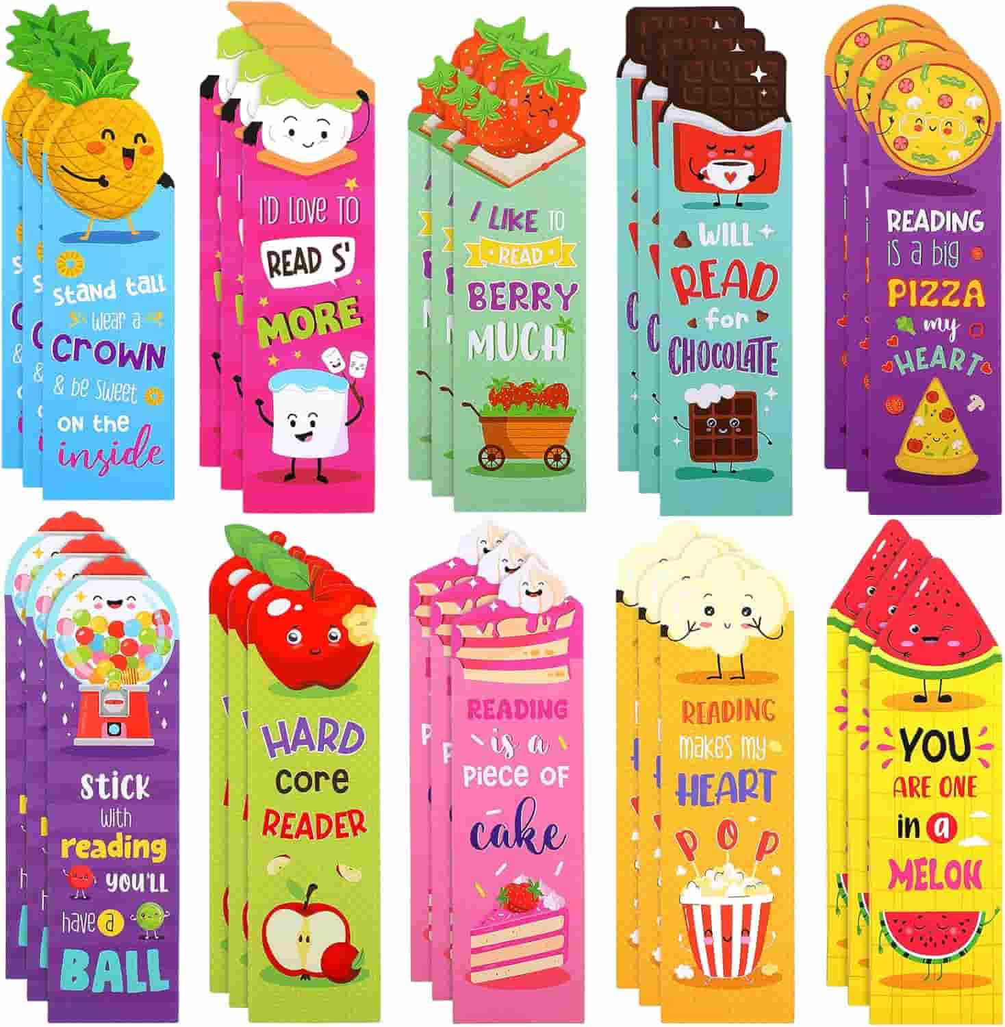 A collection of colorful bookmarks featuring cute fruit and dessert characters with playful reading-related puns and motivational phrases.
