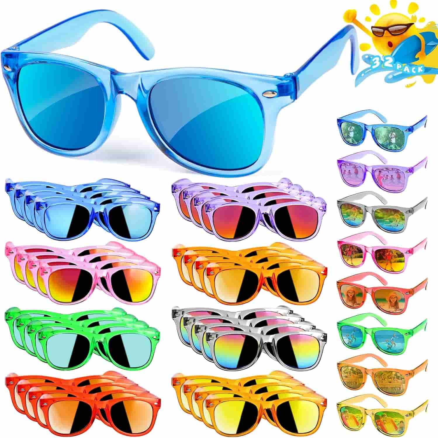 A collection of 32 colorful sunglasses in various shades, each with reflective lenses, displayed in organized rows.