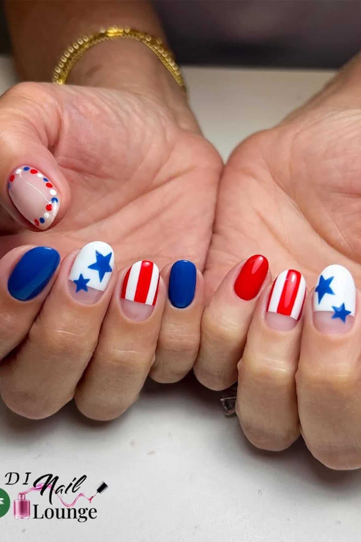 Hands with a patriotic nail design featuring red, white, and blue colors, stars, and stripes, inspired by the American flag.