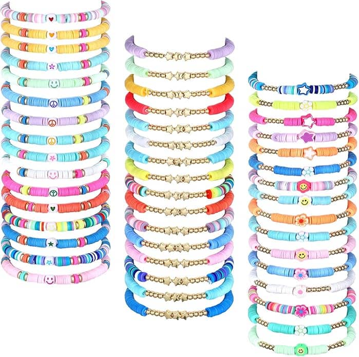 A collection of colorful beaded bracelets with various patterns and smiley face charms displayed in three vertical rows.