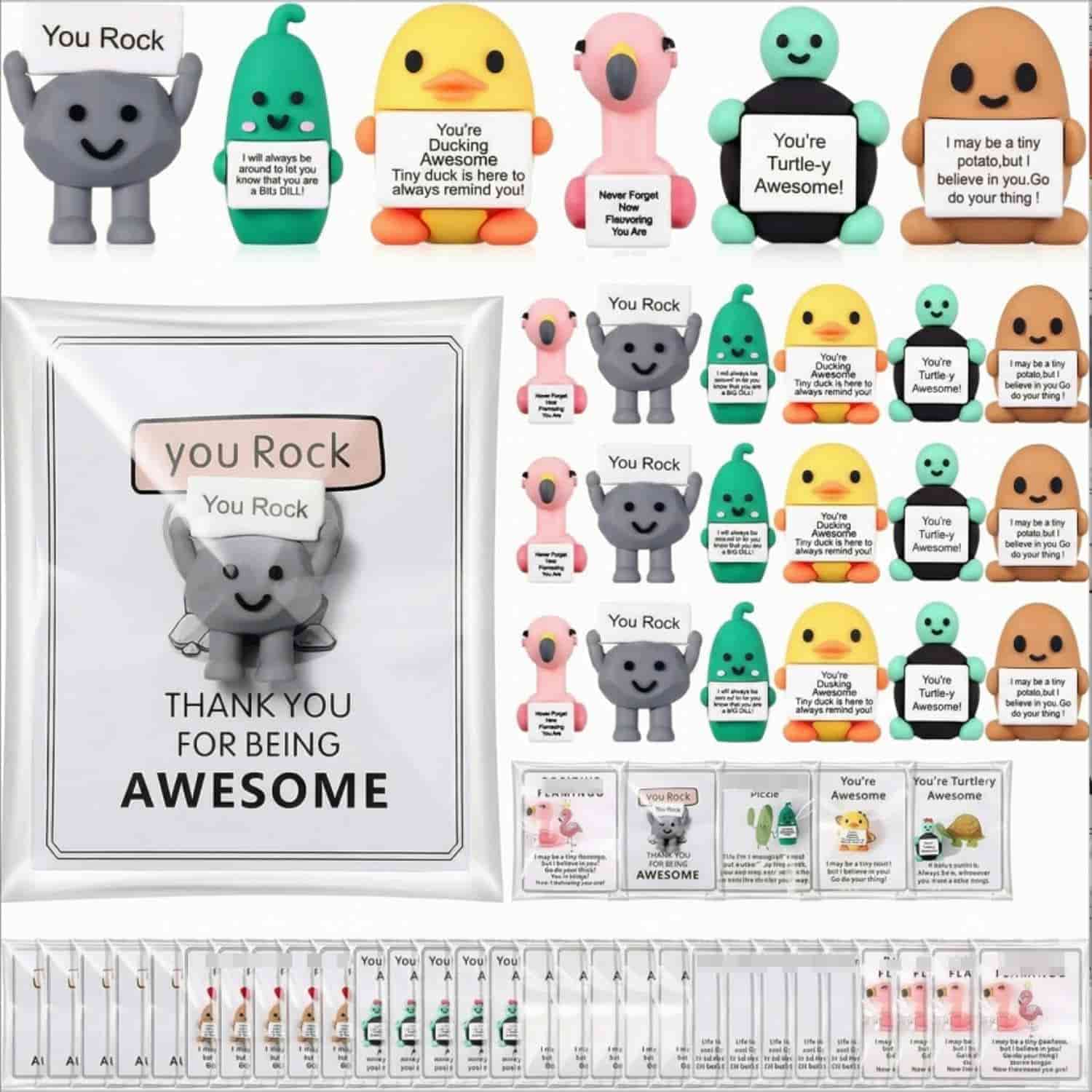Assorted colorful clay figurines with motivational messages such as "You Rock," "You're Turtle-y Awesome," and "Thank you for being awesome," displayed with matching cards and envelopes.