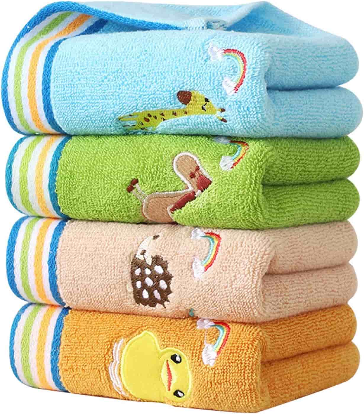 A stack of four colorful towels with animal and rainbow designs, including a giraffe, dog, hedgehog, and duck, each towel featuring striped edges.
