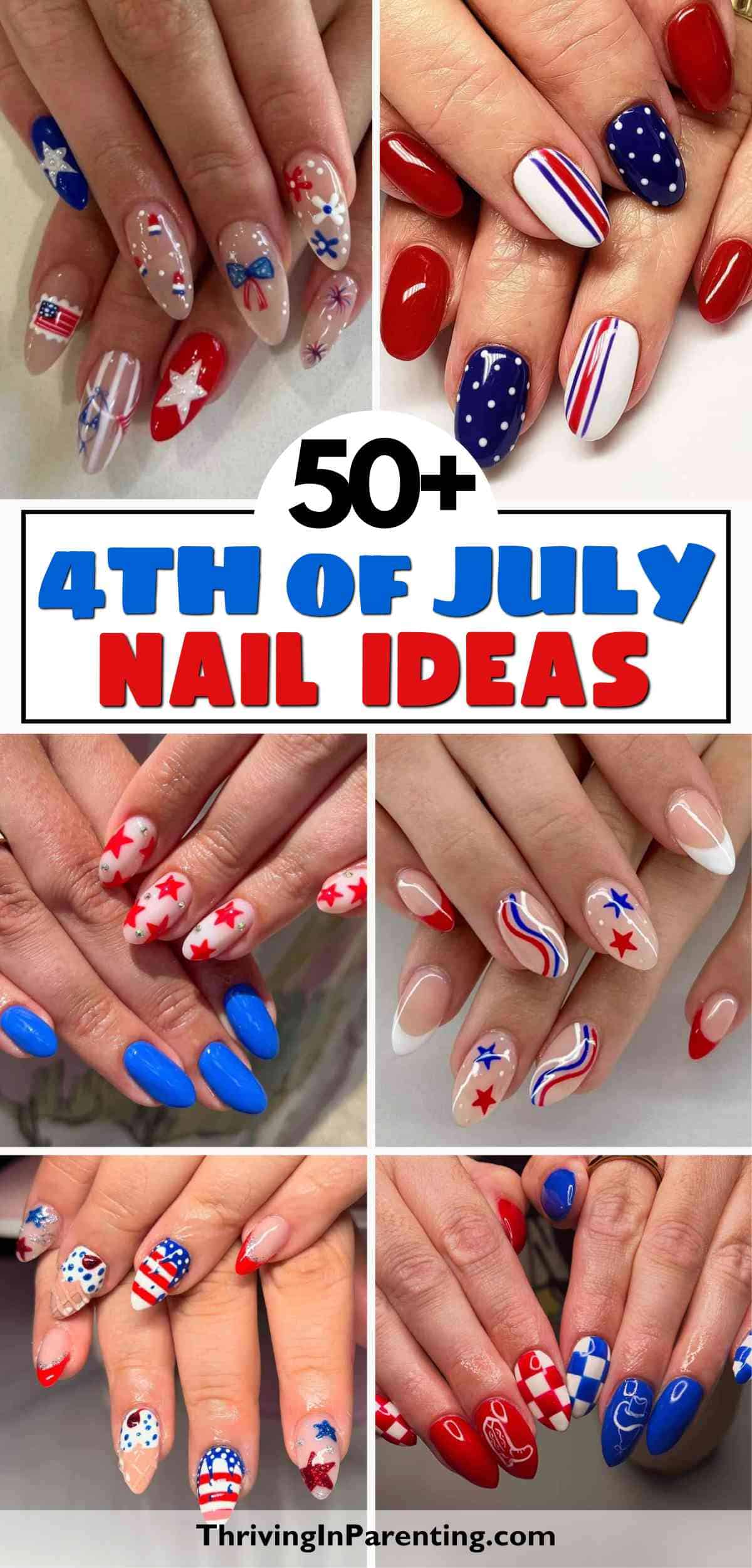 Collage of hands with various Fourth of July nail ideas, featuring red, white, blue colors, stars, stripes, and patriotic patterns.