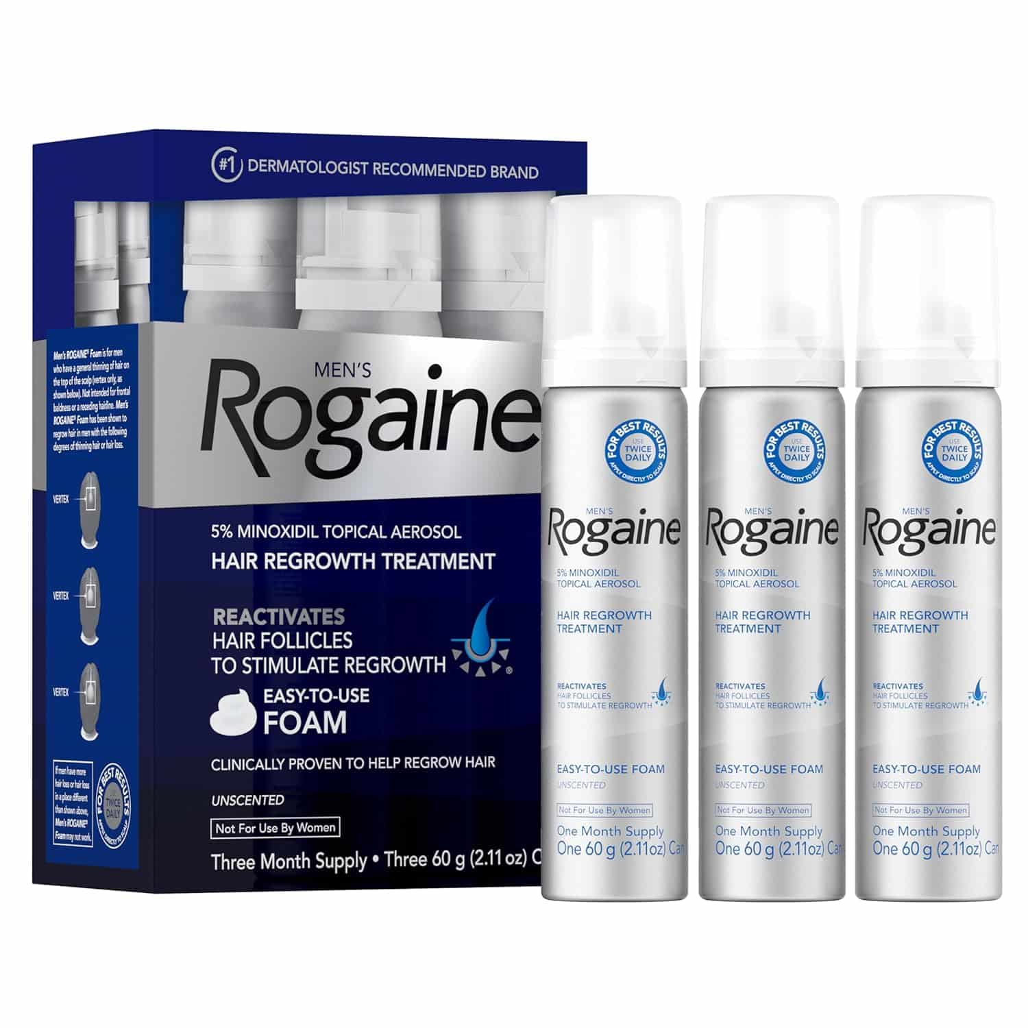 Three bottles of Men's Rogaine 5% Minoxidil topical aerosol foam are shown in front of their packaging, labeled for hair regrowth treatment and a three-month supply.