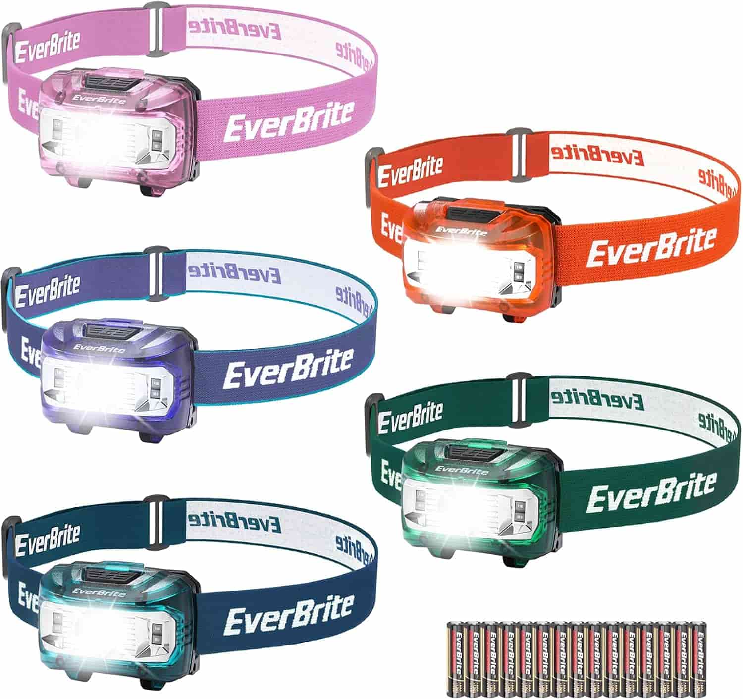 Five EverBrite headlamps in different colors with lit LEDs, arranged above a row of 15 AA batteries.