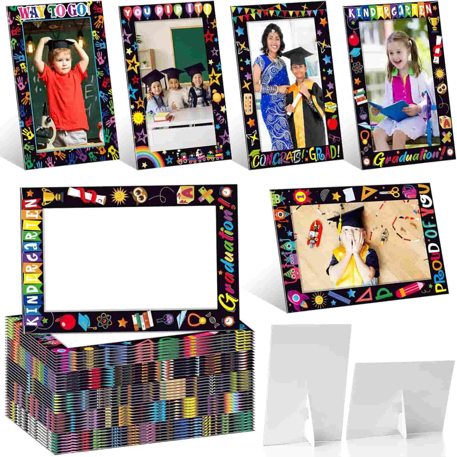A set of colorful kindergarten graduation photo frames with various congratulatory designs and blank stands, displayed with example photos of children and a teacher.