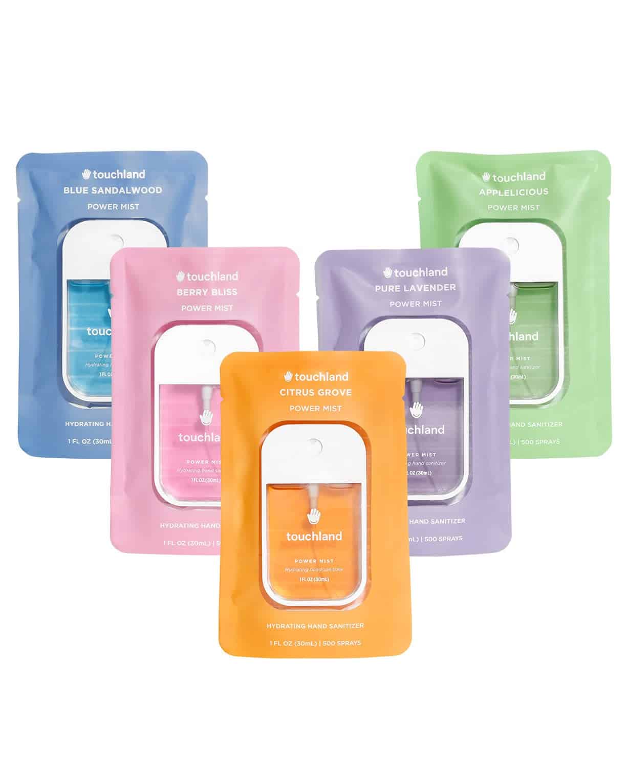 Five Touchland Power Mist hand sanitizers in colorful packaging—blue, pink, orange, purple, and green—are displayed standing upright against a white background.