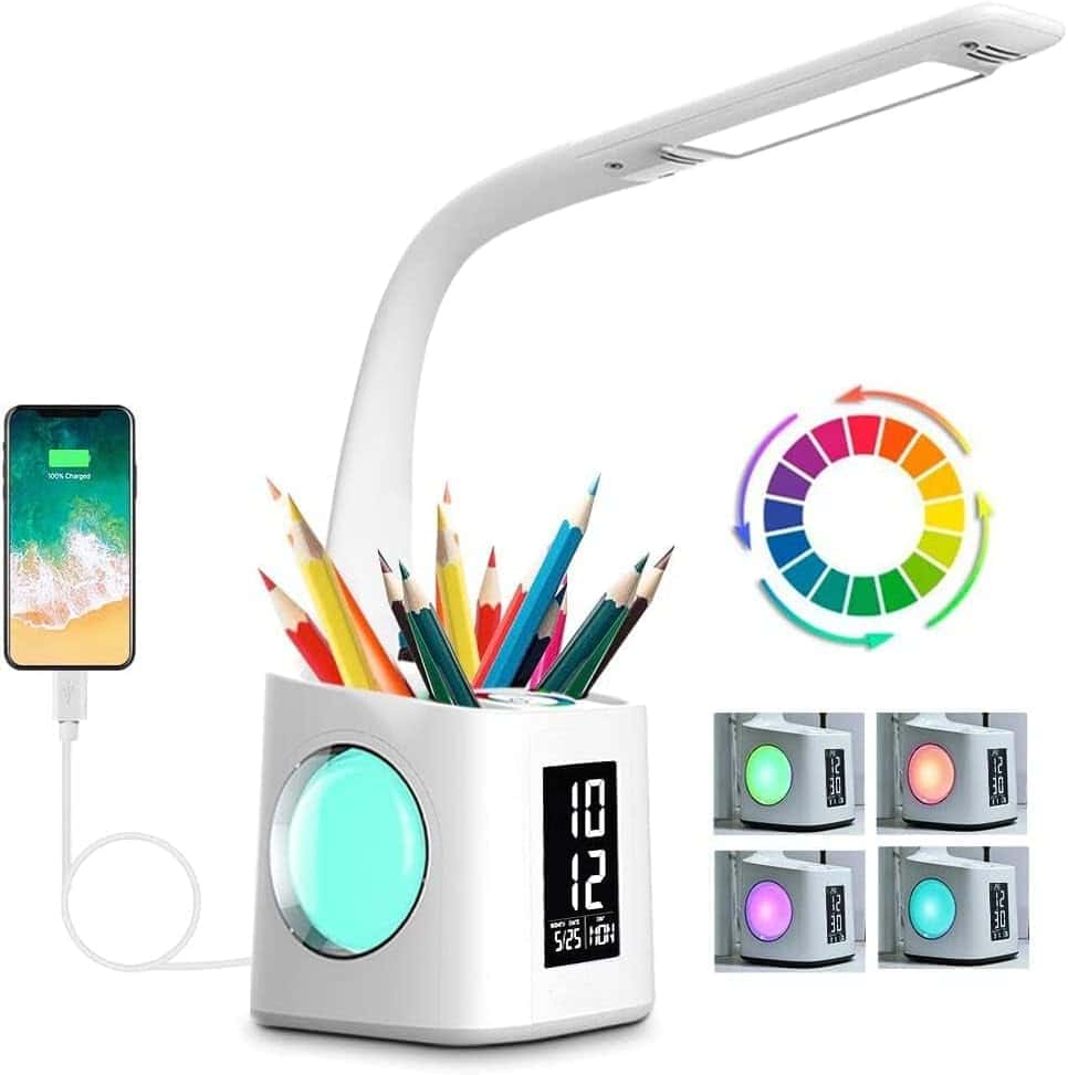 White LED desk lamp with flexible neck, digital clock, pencil holder, color-changing light panel, and phone charging port. Four color options are displayed on the right.
