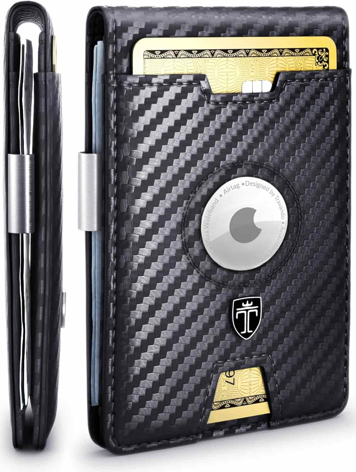 Black carbon fiber wallet with an AirTag slot, metal clip, and visible credit cards in the front pocket.