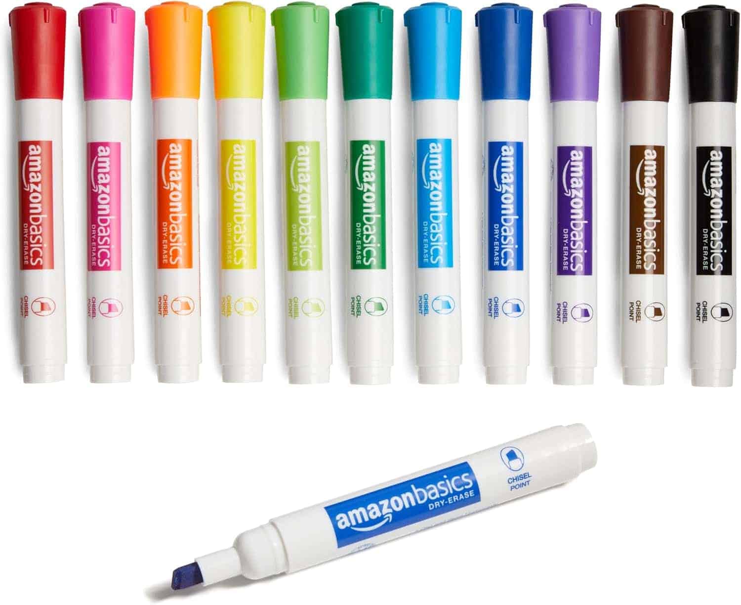Twelve AmazonBasics dry-erase markers in various colors are lined up vertically, with an additional blue marker shown uncapped and placed horizontally below them.