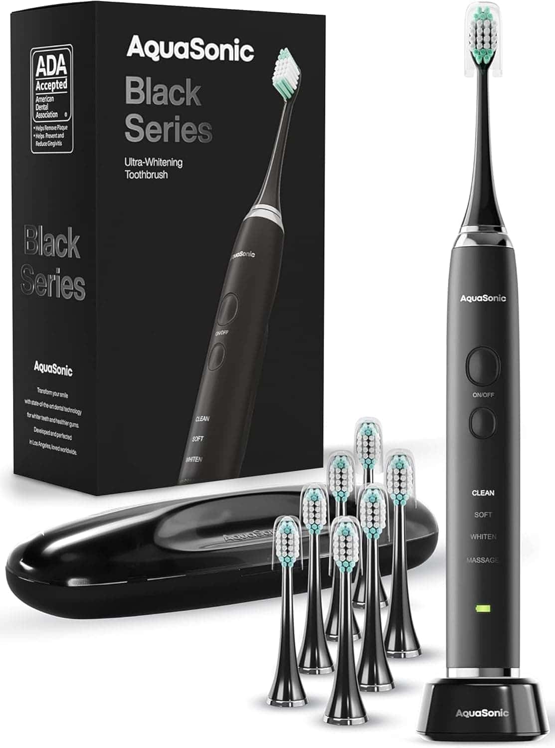 AquaSonic Black Series electric toothbrush with charging base, travel case, eight replacement brush heads, and product box.