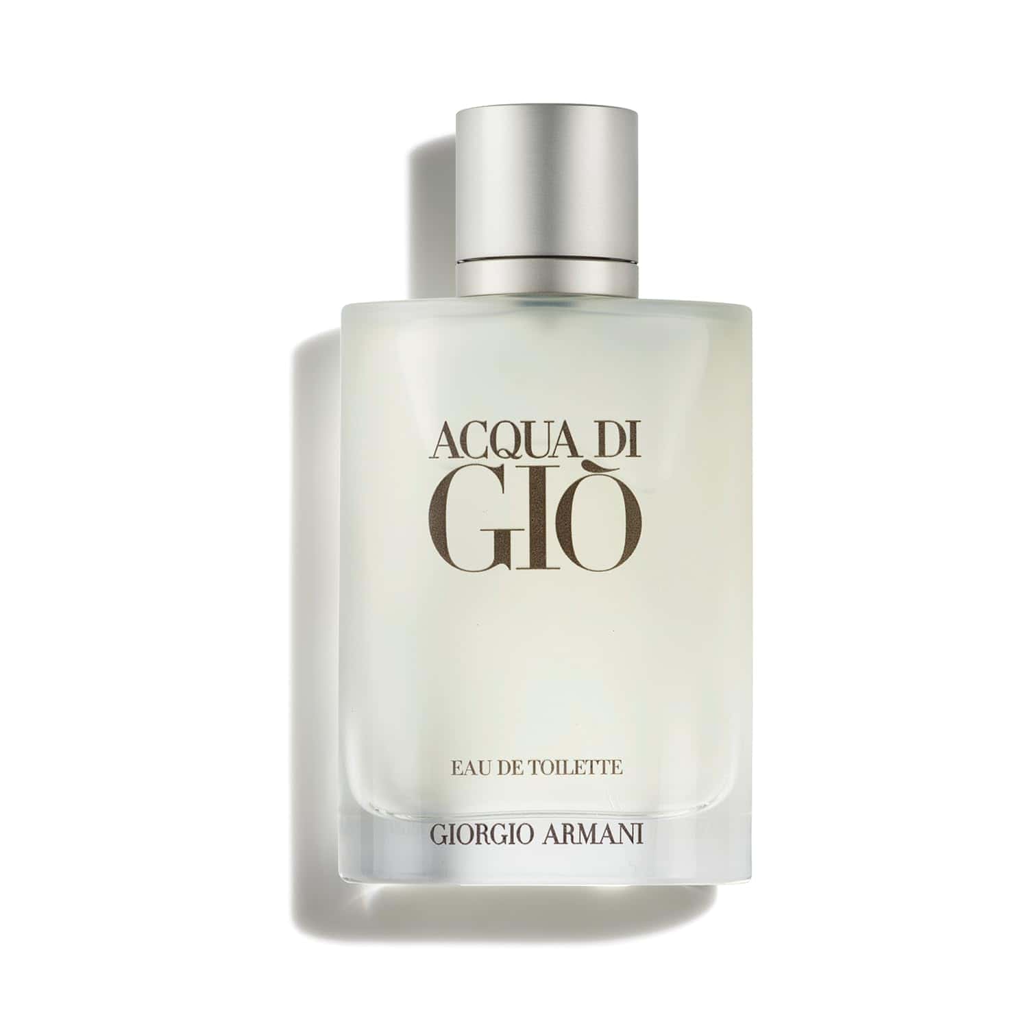A clear glass bottle of Acqua di Giò Eau de Toilette by Giorgio Armani with a silver cap, shown against a white background.