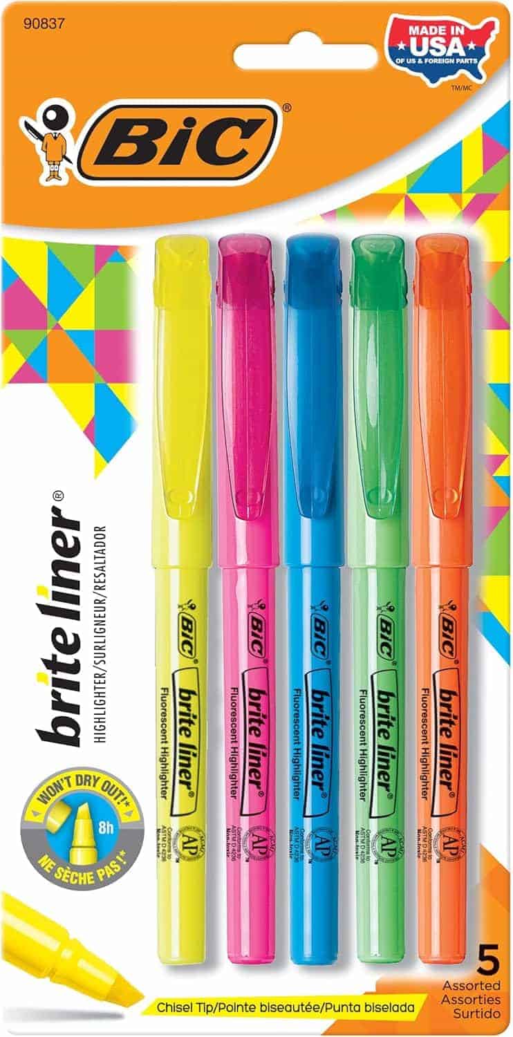 A package of five BIC Brite Liner chisel tip highlighters in yellow, pink, orange, green, and blue. The package highlights 8-hour cap off time and is labeled "Made in USA.