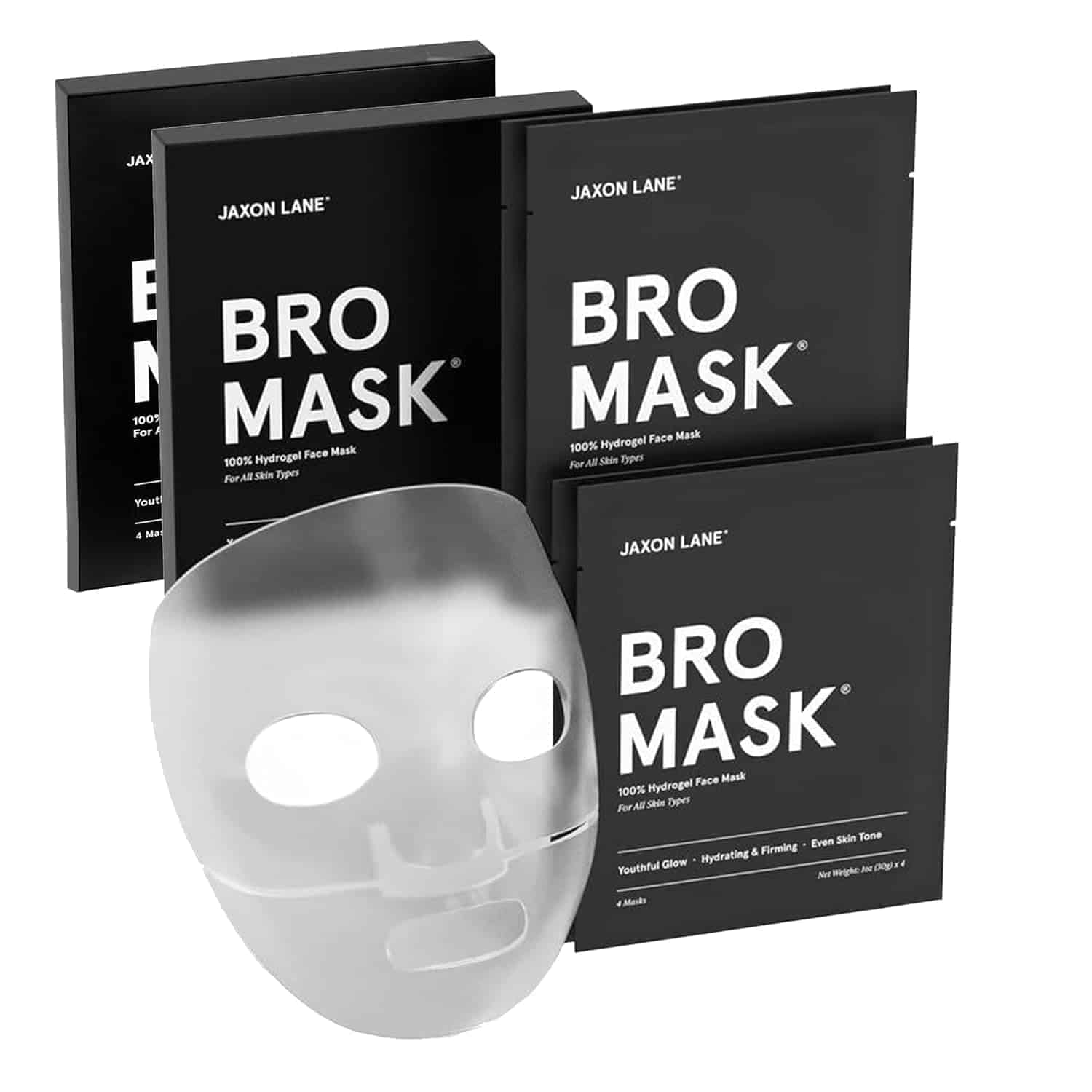 Several black packets labeled "Bro Mask" by Jaxon Lane are arranged behind a silver sheet face mask, displayed on a white background.