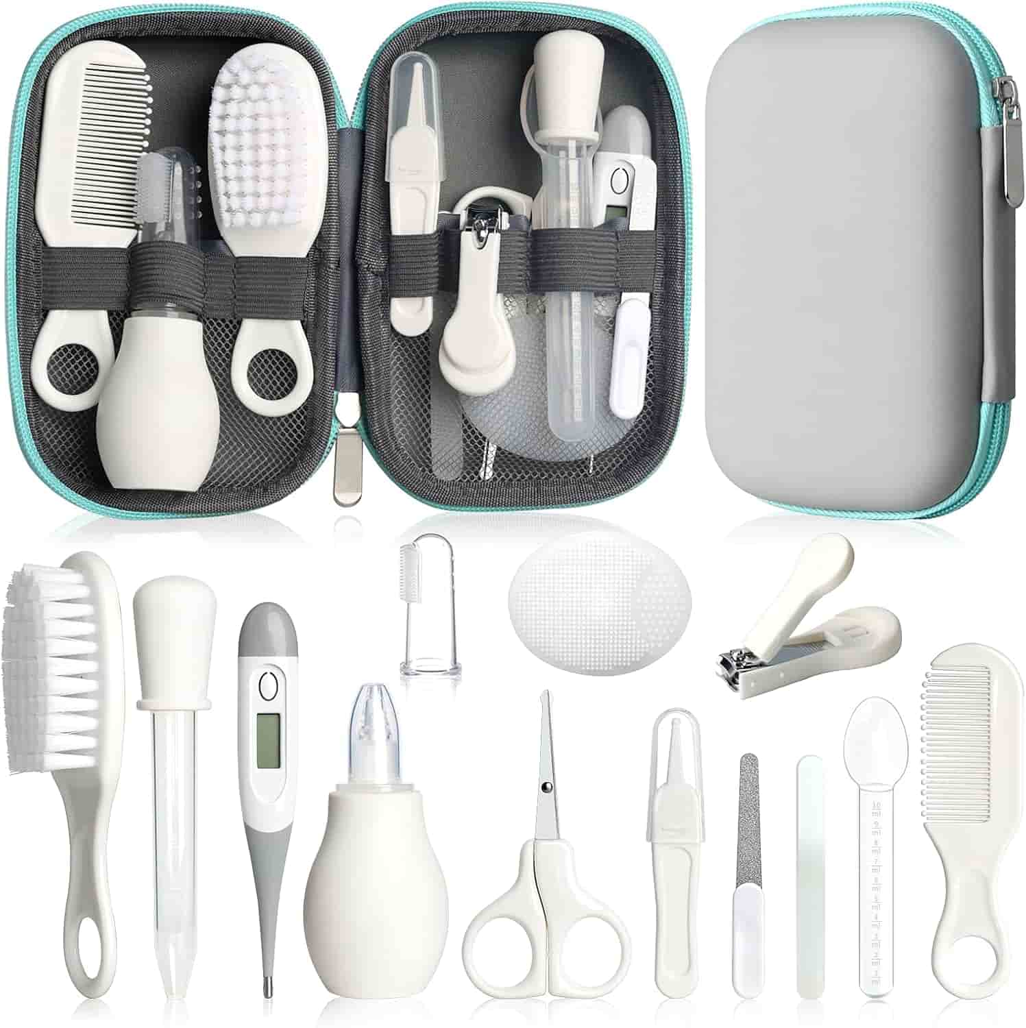 A baby grooming and healthcare kit with various tools including brushes, combs, nail clippers, scissors, thermometer, nasal aspirator, and a zippered case.