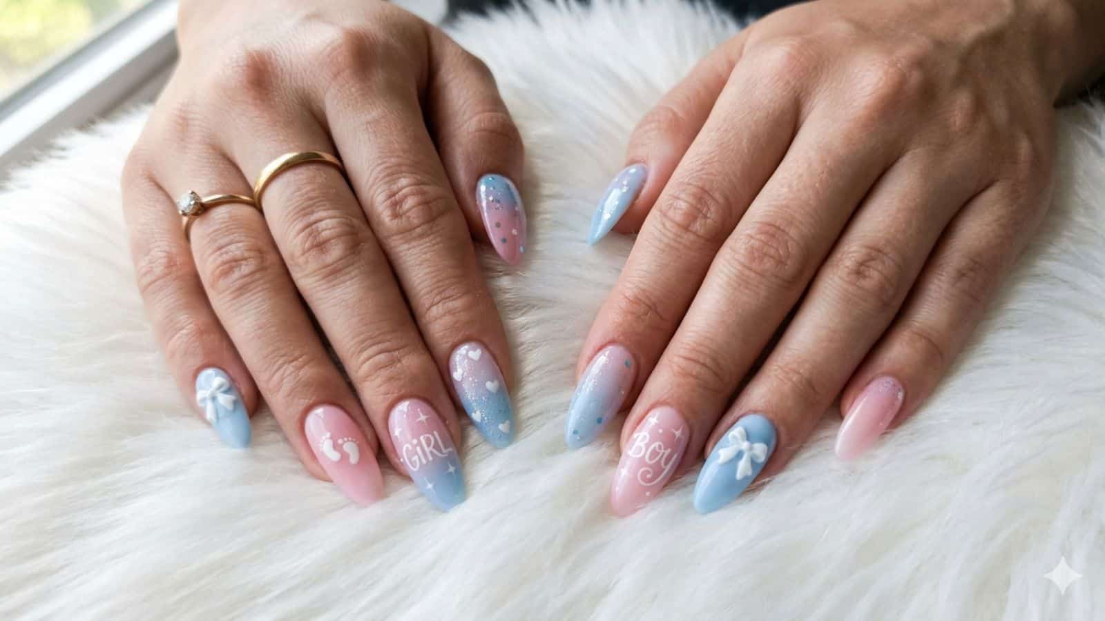 Two hands with manicured nails featuring blue and pink ombre designs, white bows, and the words “GIRL” and “BOY” written on the ring fingers.