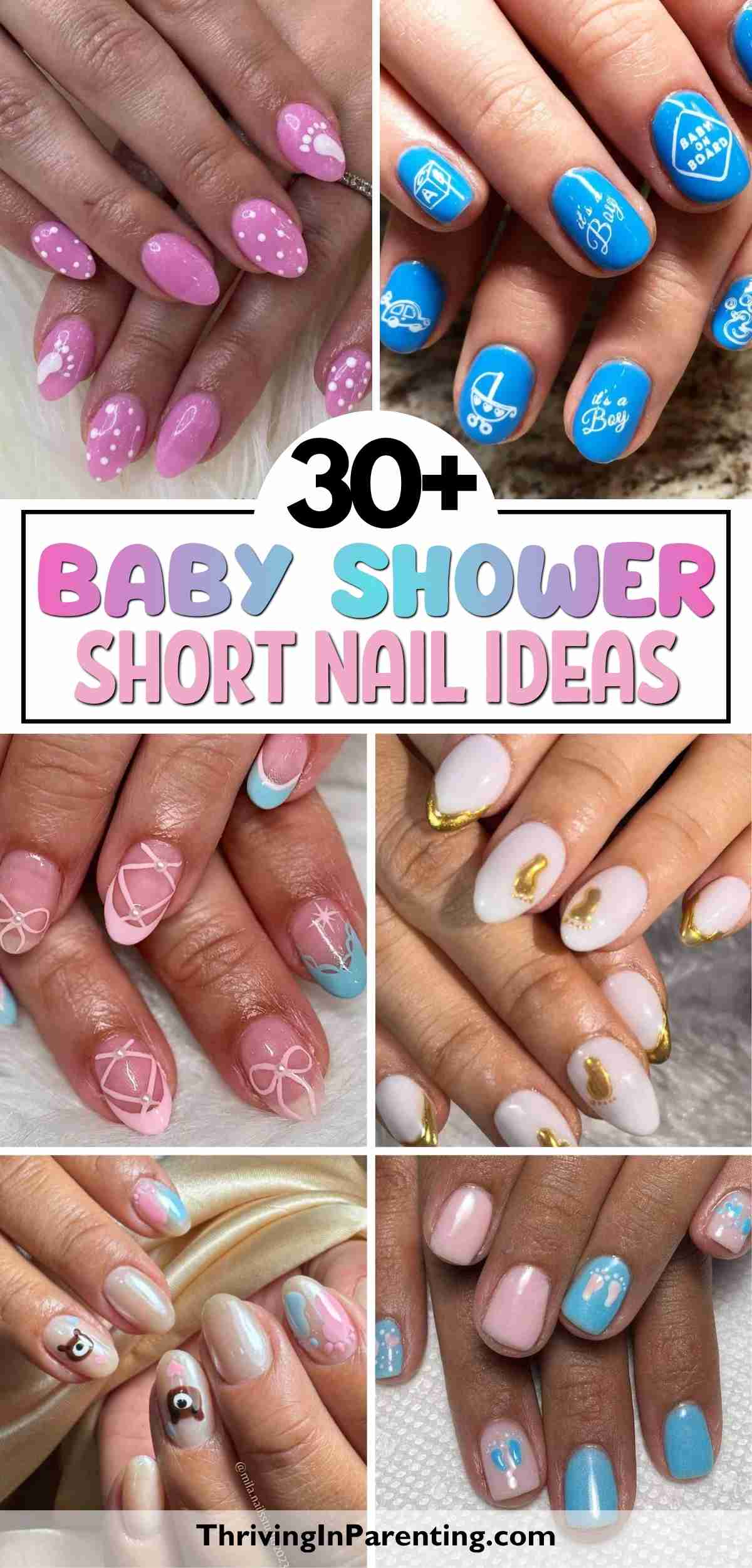 A collage of short baby shower nails in pink and blue with playful themes like dots, baby bottles, strollers, and baby feet.