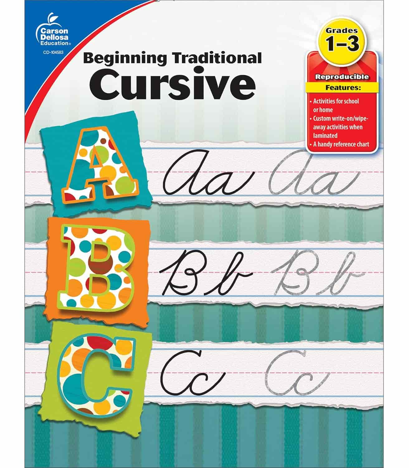 Cover of a "Beginning Traditional Cursive" workbook for grades 1-3, featuring colorful A, B, C letters and cursive writing examples for Aa, Bb, and Cc on lined paper.