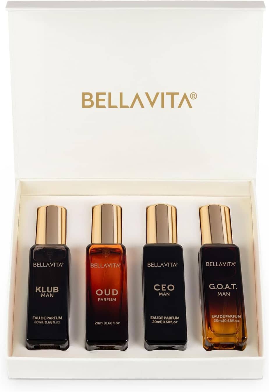 An open box displaying four Bellavita perfume bottles labeled KLUB MAN, OUD PARFUM, CEO MAN, and G.O.A.T. MAN, each 20ml in size.