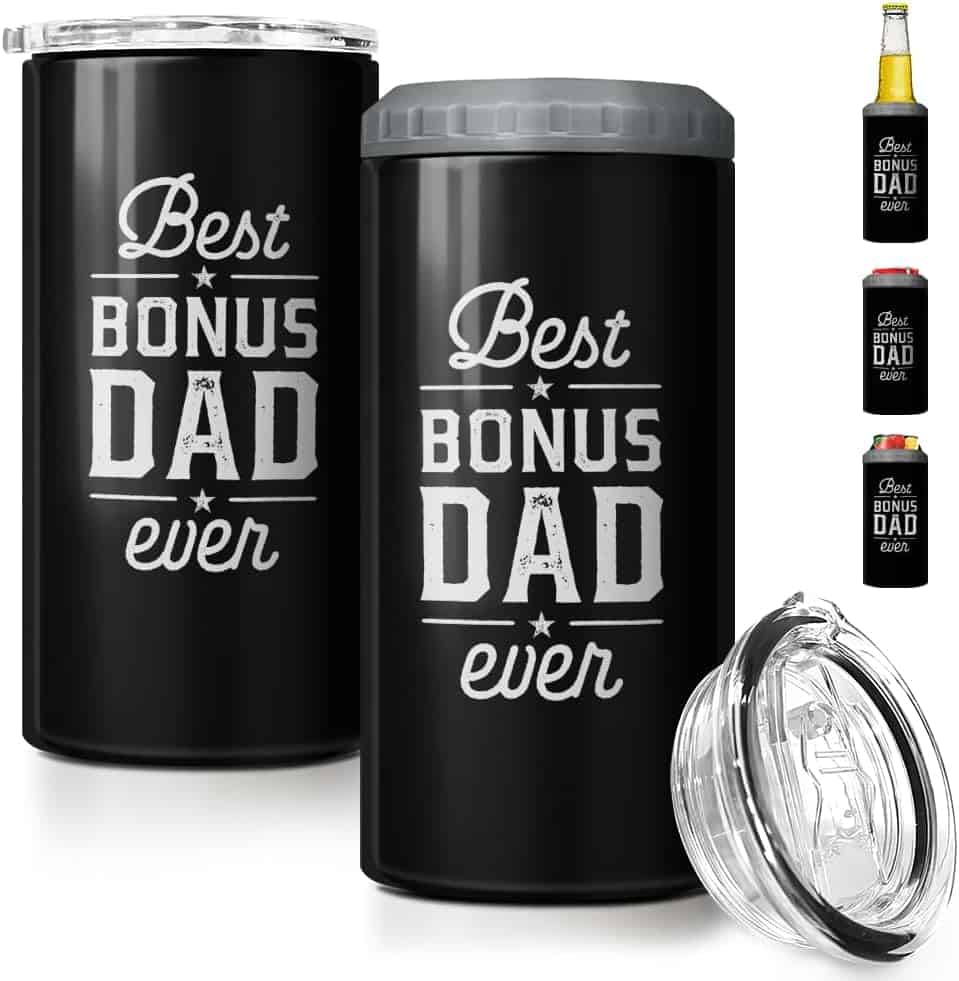 Two black insulated tumblers with "Best Bonus Dad Ever" printed in white, shown with lids and as bottle and can coolers on the right.