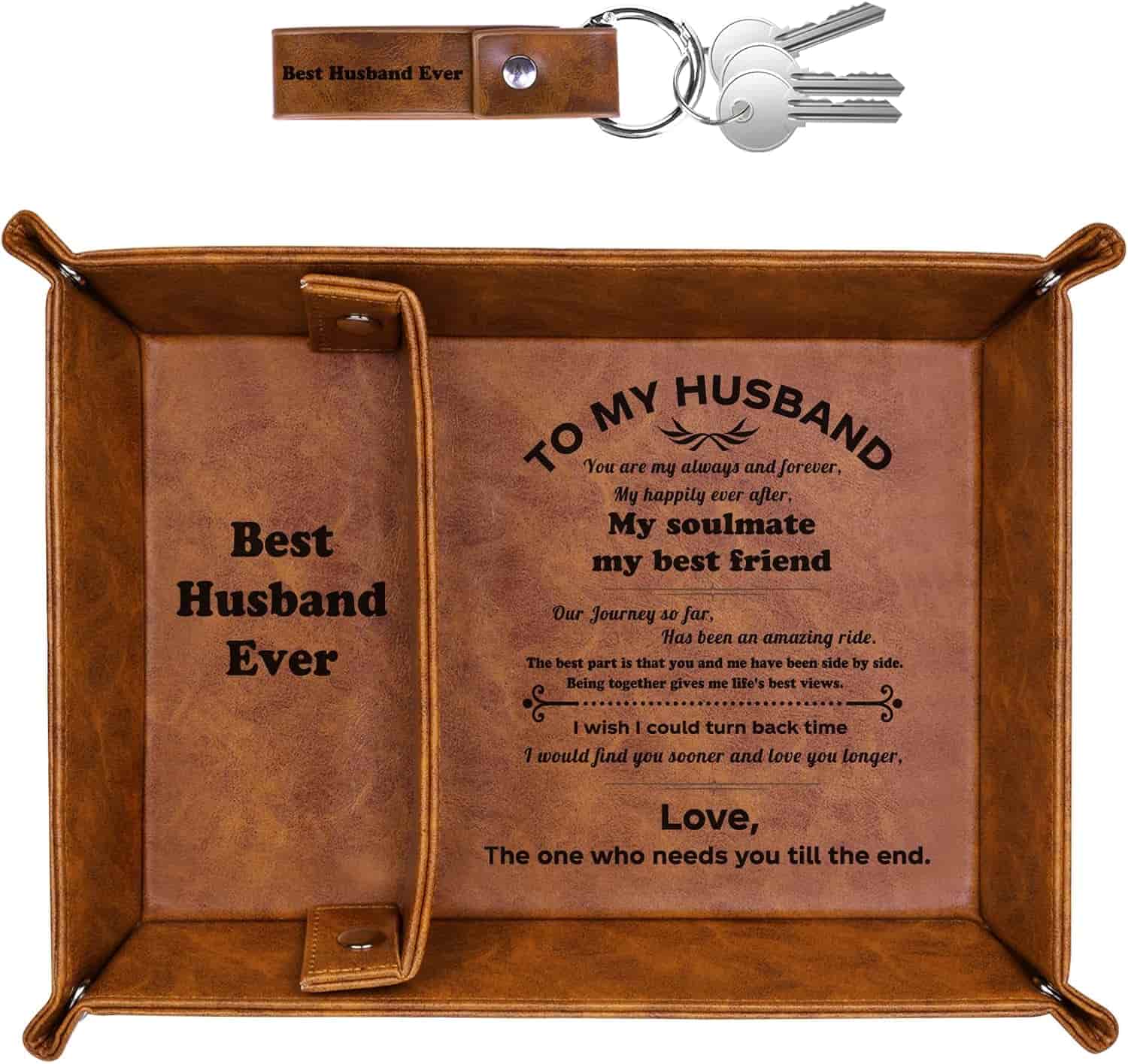 Brown leather valet tray and matching keychain, both engraved with sentimental messages for a husband, including "Best Husband Ever" and a longer loving dedication.