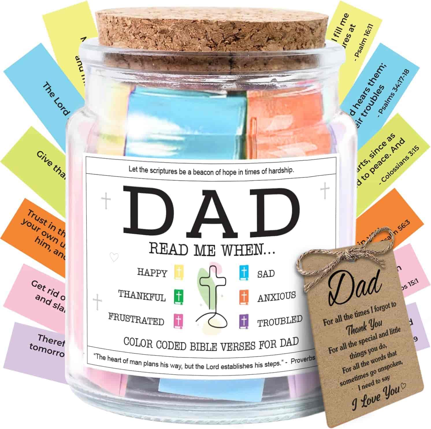 A glass jar labeled "DAD" contains color-coded Bible verse cards for different emotions, with an attached tag expressing gratitude; additional cards are spread around the jar.
