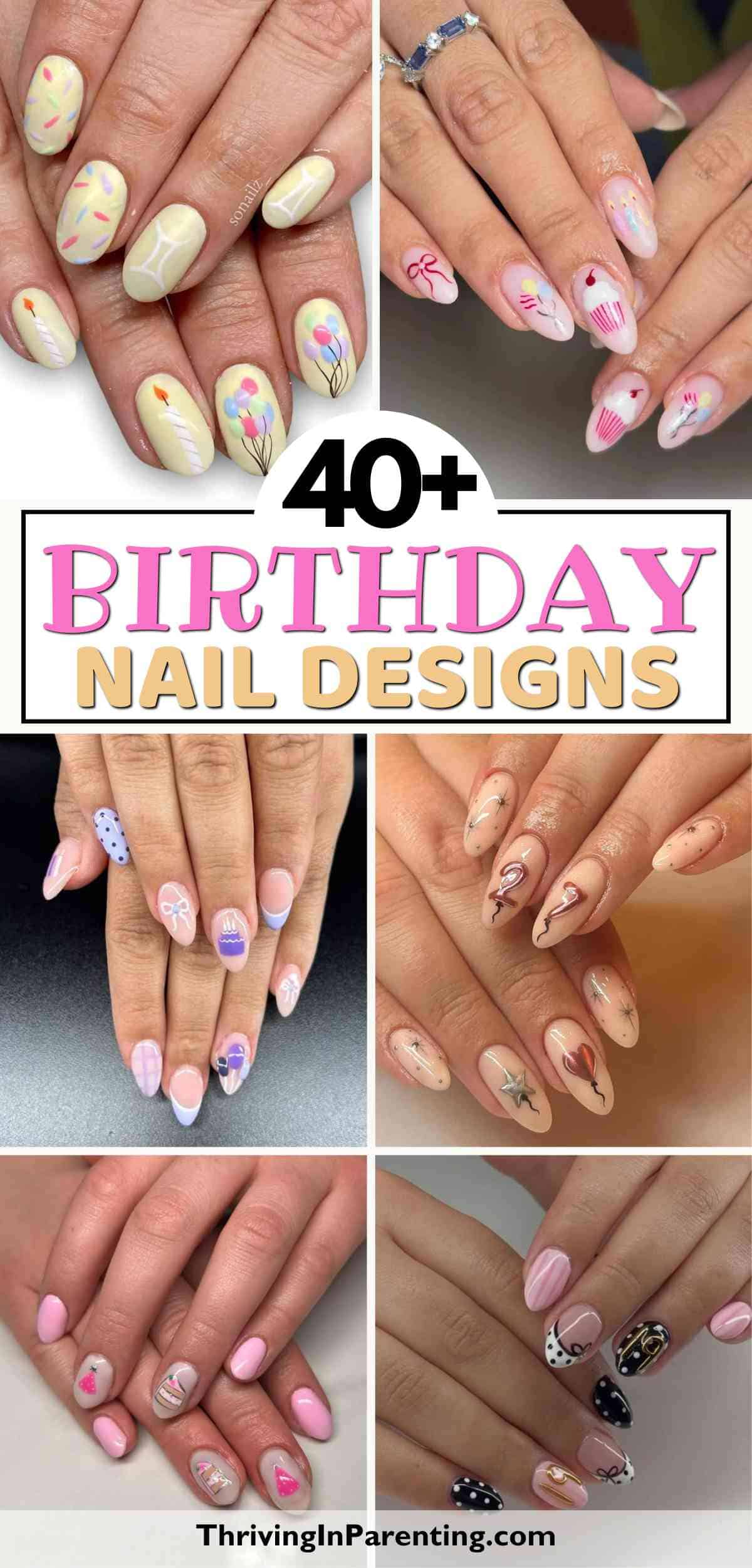 A collage of hands with various colorful birthday nails, featuring flowers, hearts, and abstract patterns.