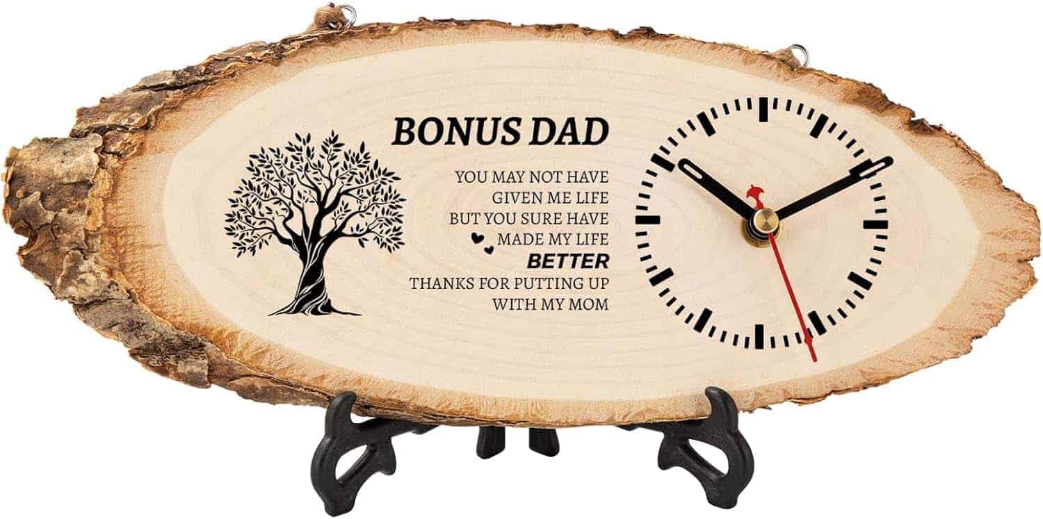 Wooden clock plaque with "BONUS DAD" text, a tree graphic, and a heartfelt message thanking a stepdad, displayed on a black stand.