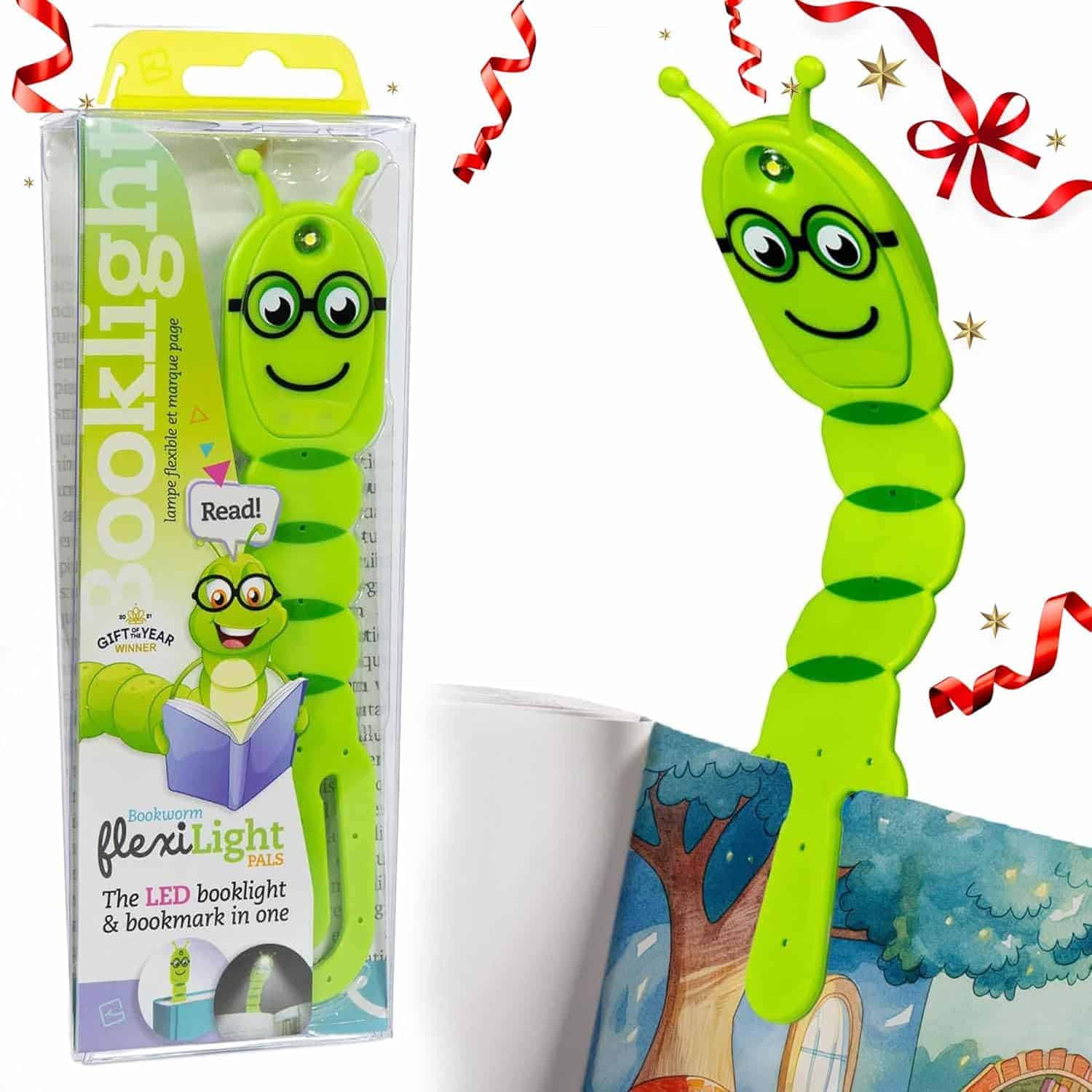 A green bookworm-shaped LED bookmark light is shown both in its packaging and clipped onto a colorful open book, with red ribbon decorations in the background.
