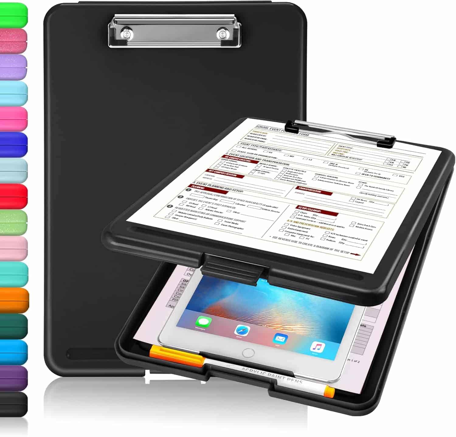 A black plastic clipboard with a storage compartment, holding papers and a tablet, shown open and closed; various color options displayed on the left side.